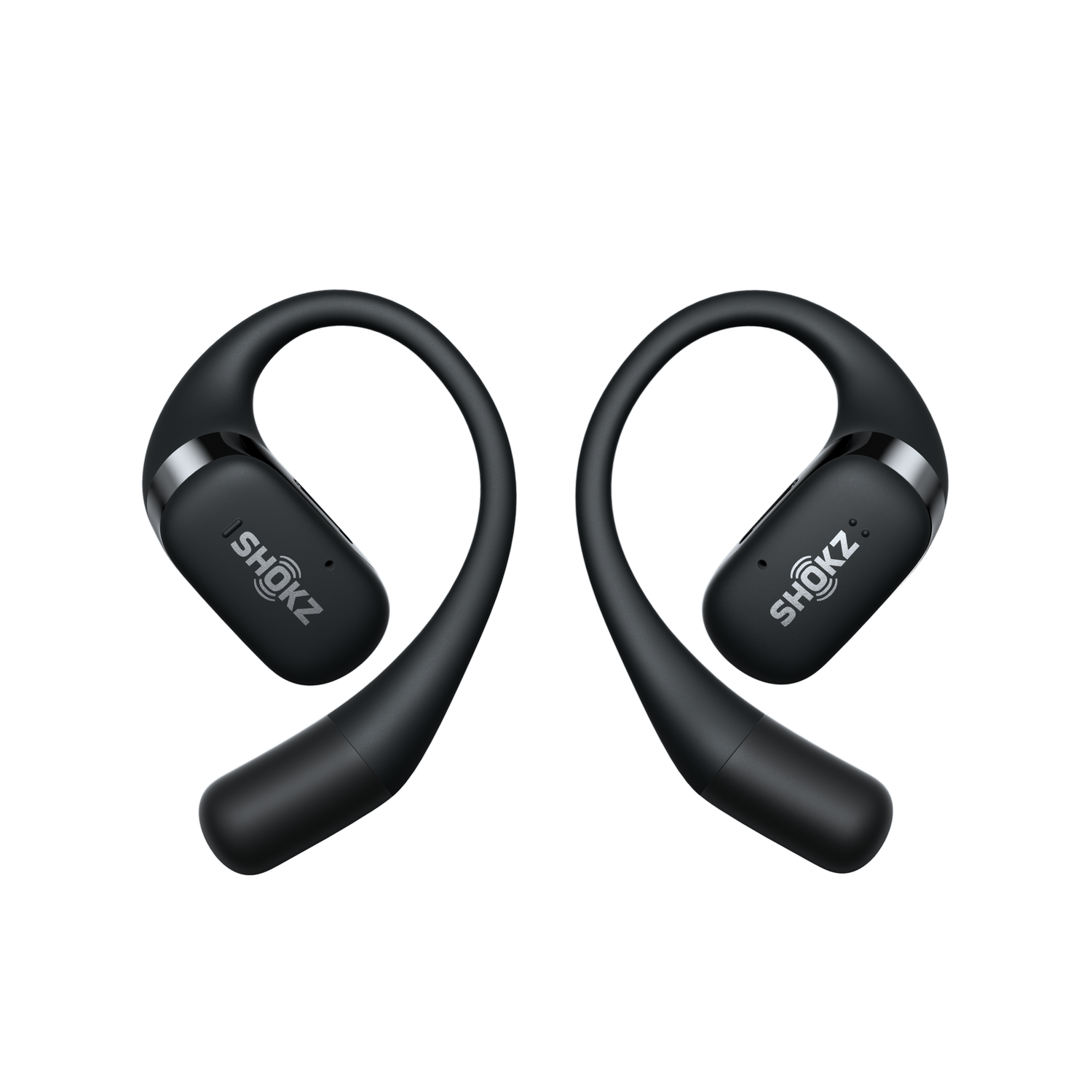 Black, curved, wireless earbuds with the 'SHOKZ' logo, against a black background.