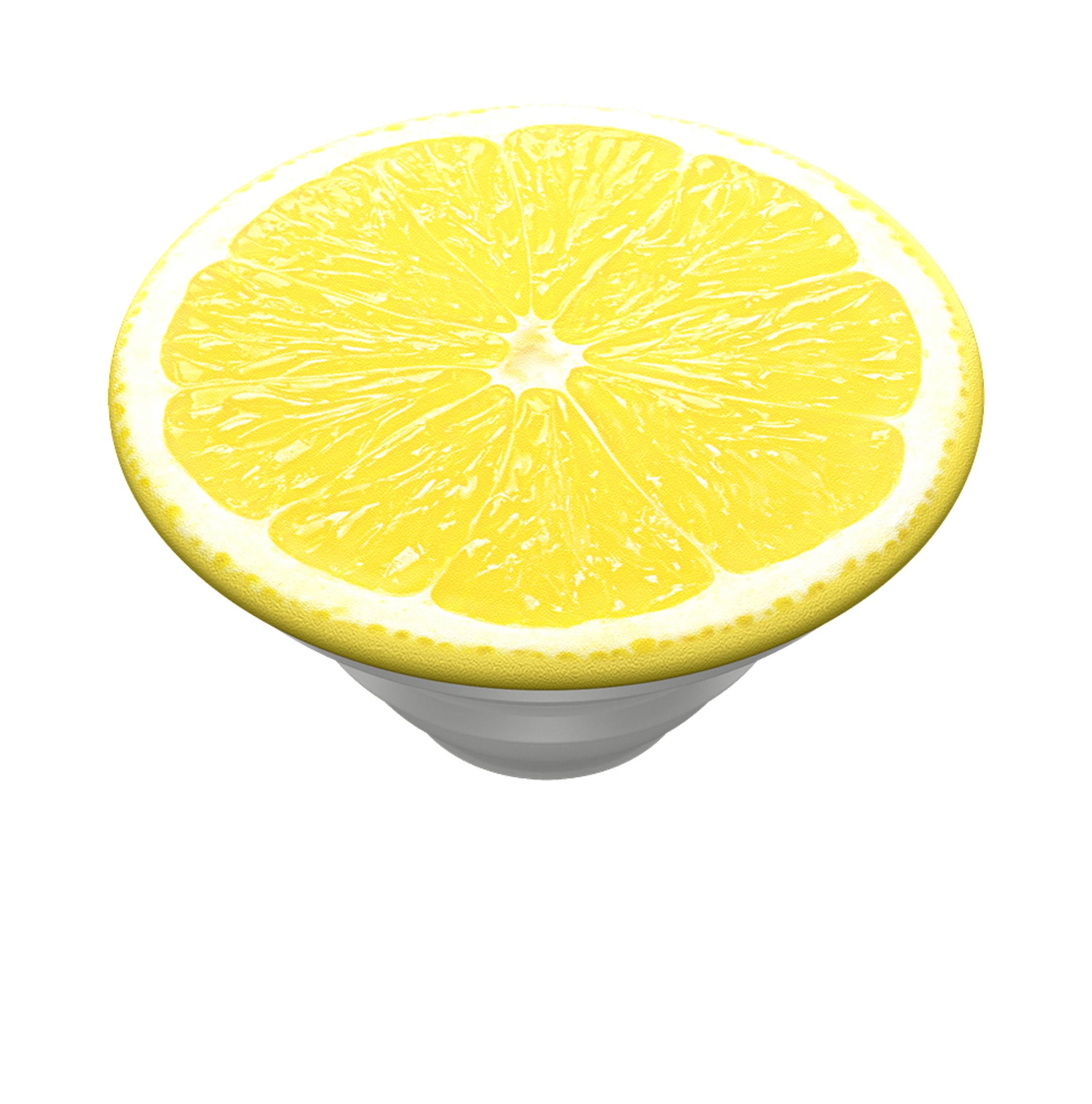 Una mitad de limón, con el corte hacia arriba, con una base PopSocket blanca y gris.