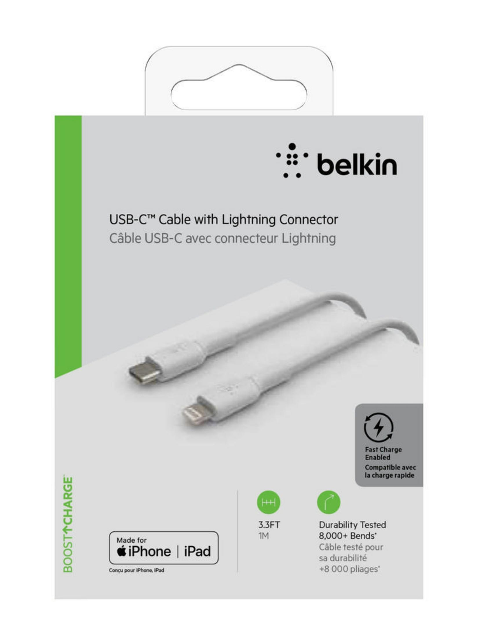 Weißes Belkin USB-C-Kabel in einer Box. Text lautet 'USB-C Cable with Lightning Connector'.