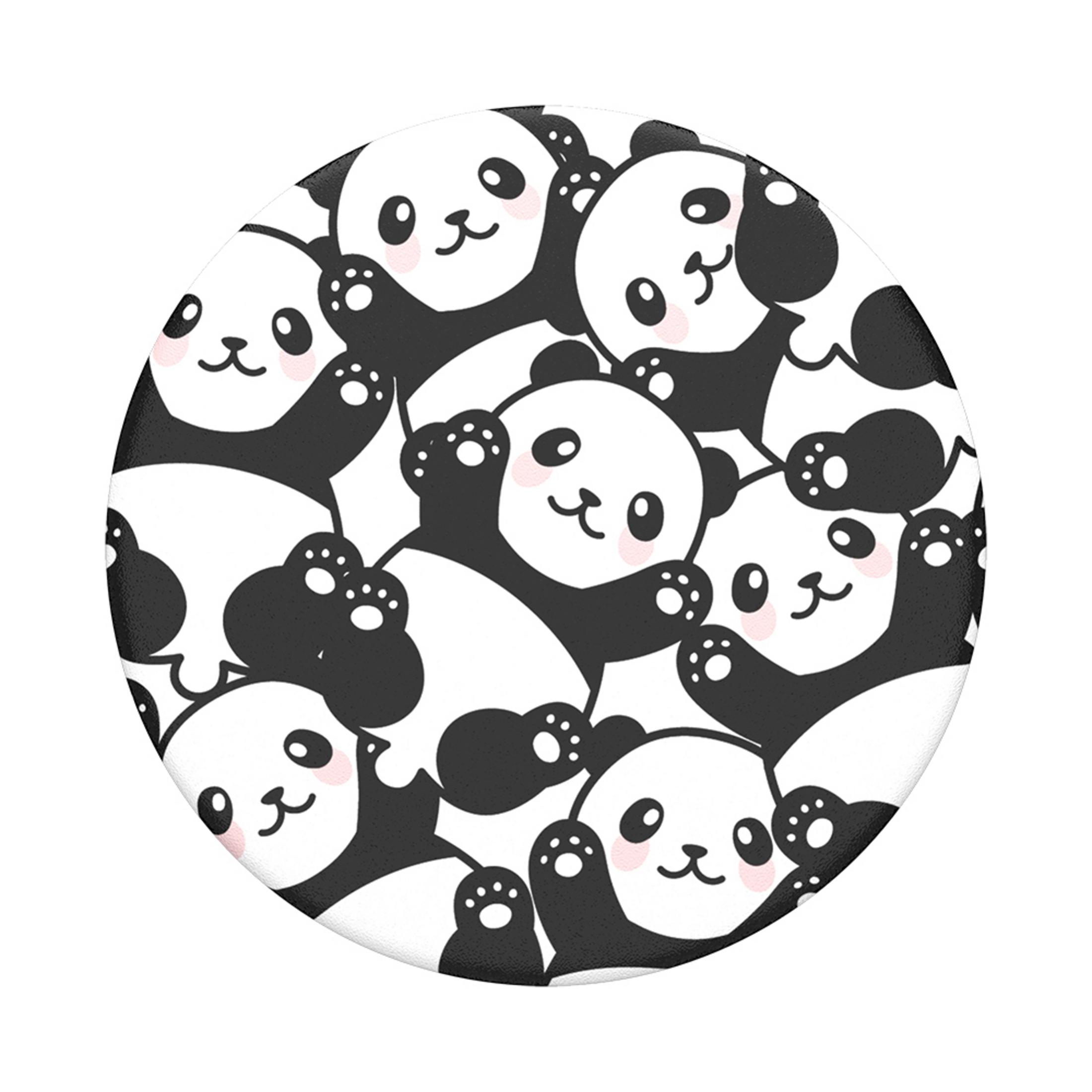 Un pop socket circular con un diseño de oso panda. Muchos pandas están en un patrón repetitivo.