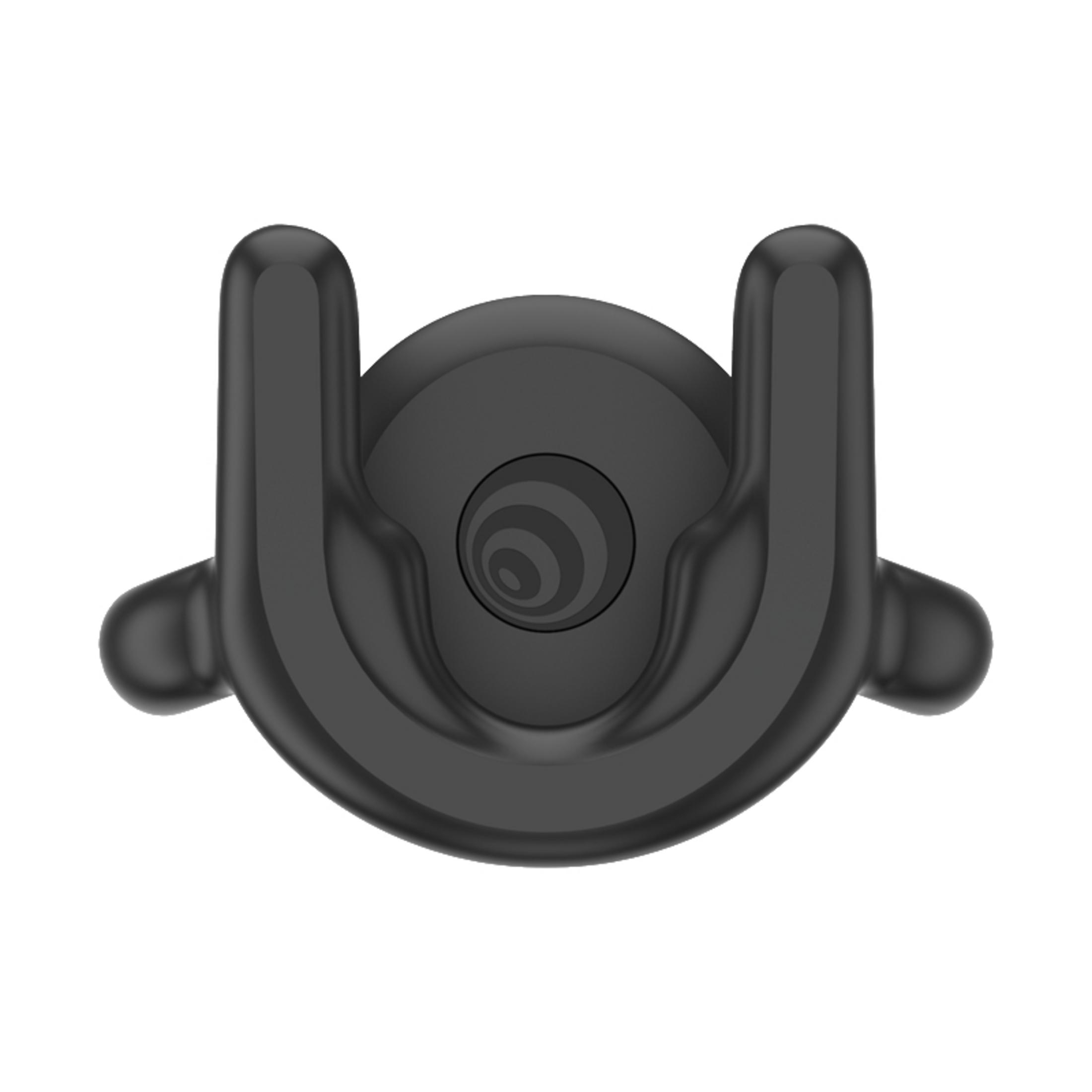 Soporte de teléfono negro, vista superior. Dos brazos para sujetar un teléfono.