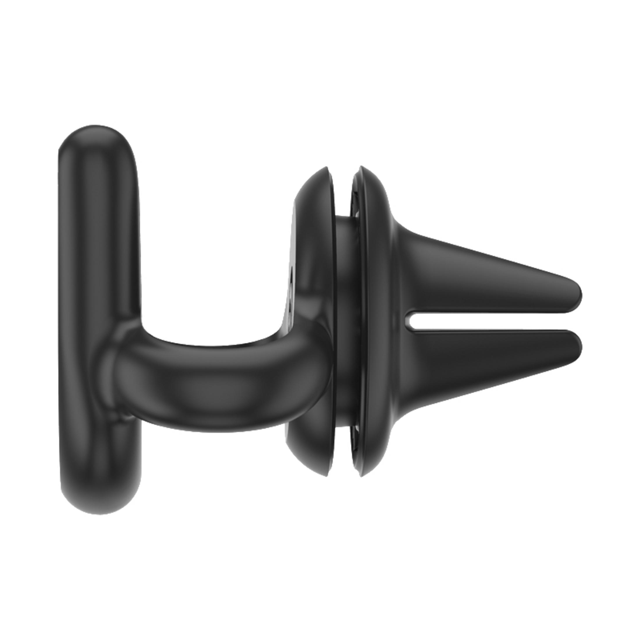 Soporte negro para teléfono de ventilación de coche. Tiene un gancho y una cabeza giratoria.
