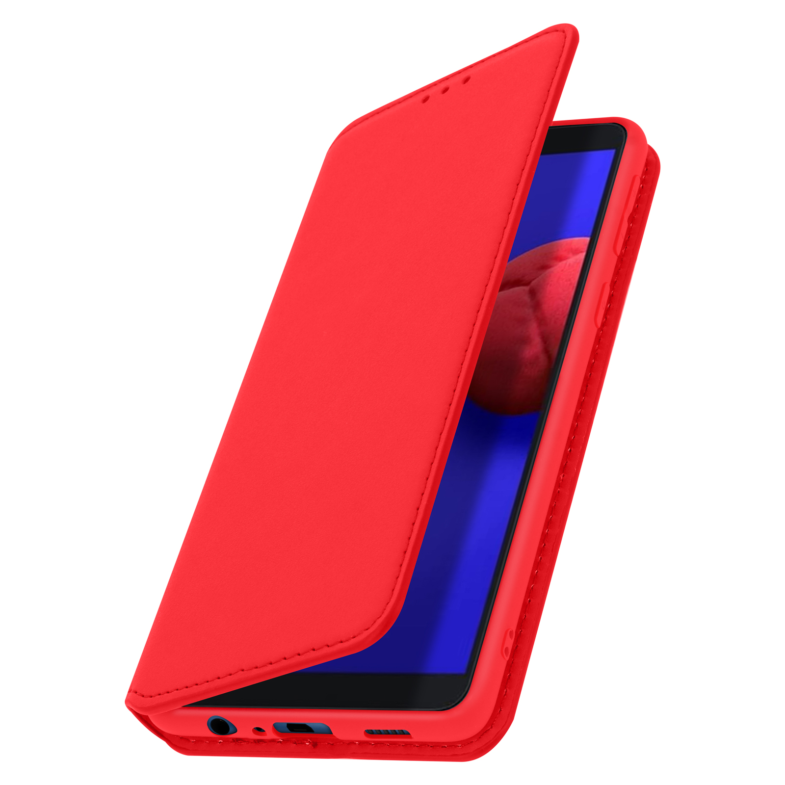 Custodia rossa del telefono aperta. Lo schermo blu del telefono è visibile. Sfondo bianco.