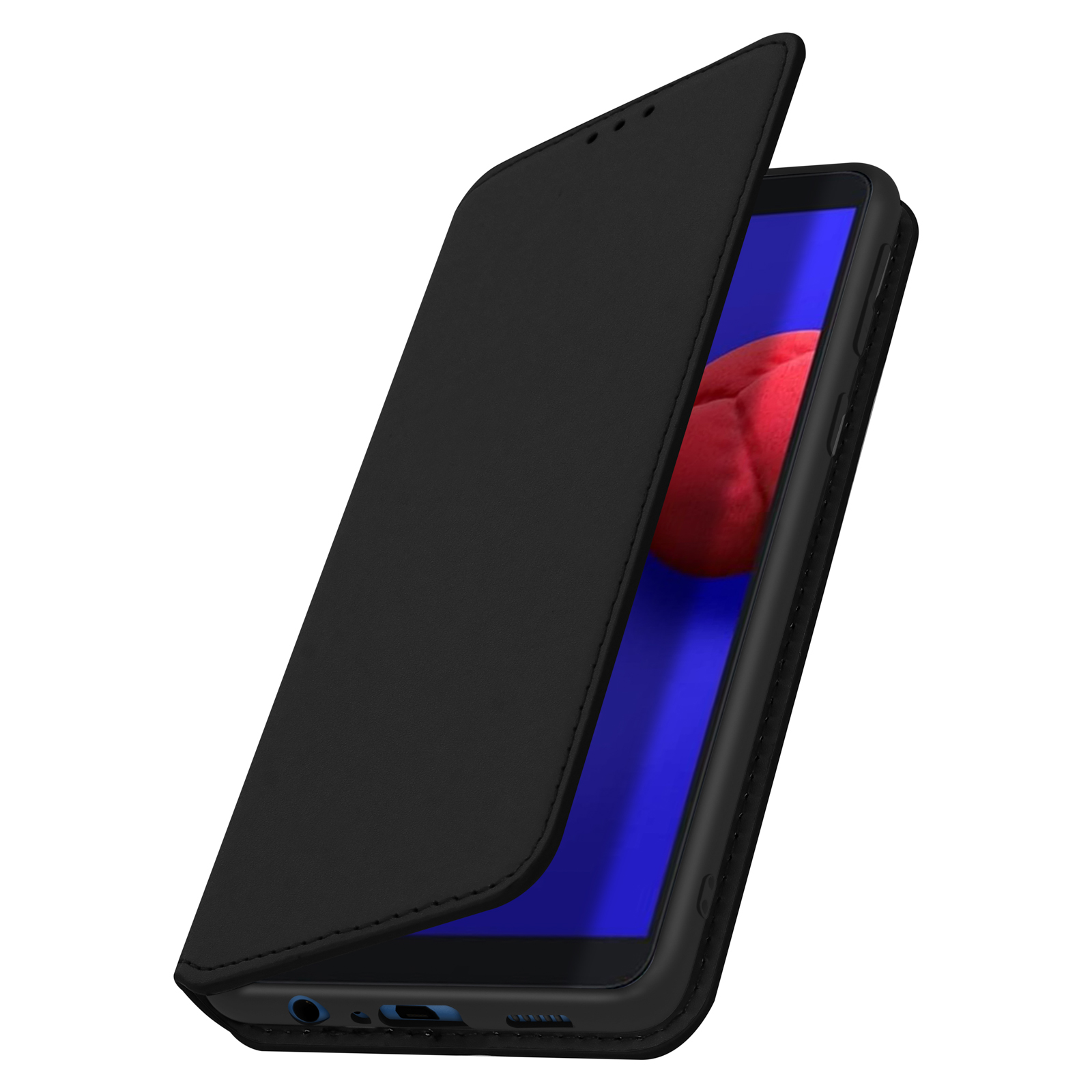 Coque de téléphone noire avec un couvercle noir. L'écran du téléphone est bleu avec une forme rouge.