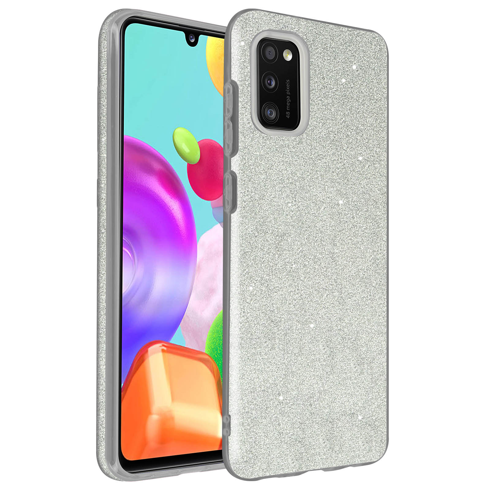 Een zilveren telefoonhoesje met een glitterende achterkant en een telefoon erin.
