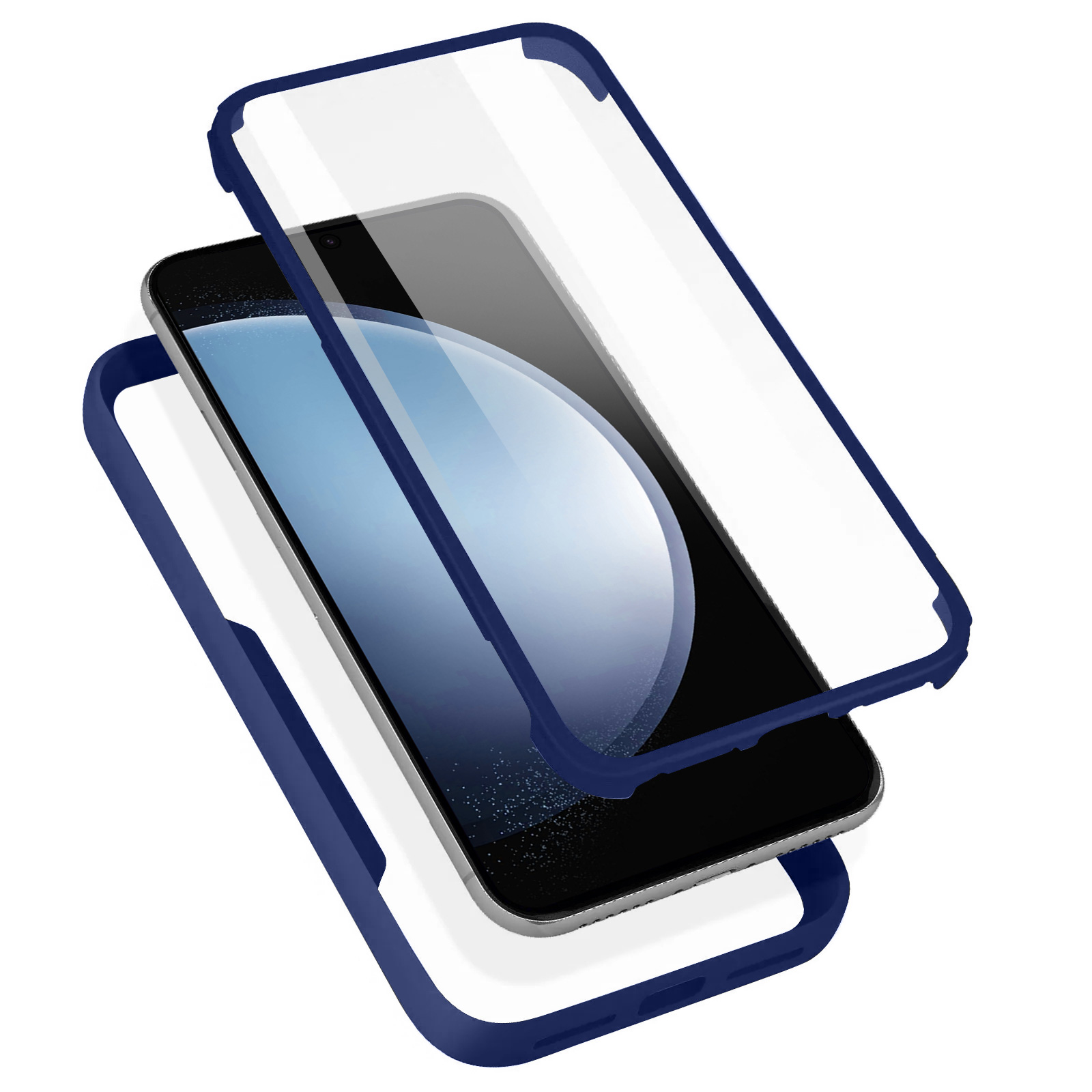 Telefoon in een blauwe hoes met een doorzichtige voorkant.