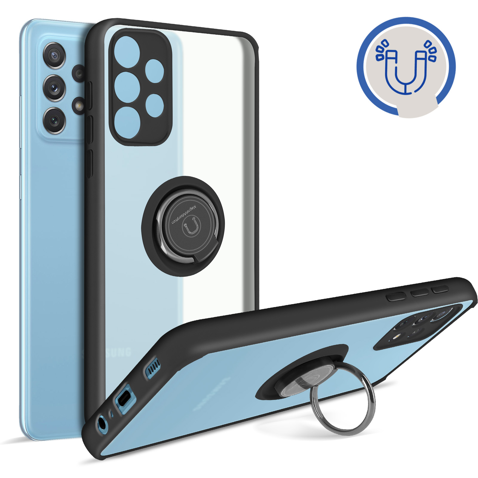 AVIZAR Coque pour Samsung Galaxy A32 Bi-matière Bague Métallique Support Vidéo Coque de téléphone voor Samsung Galaxy A32 4G Noir