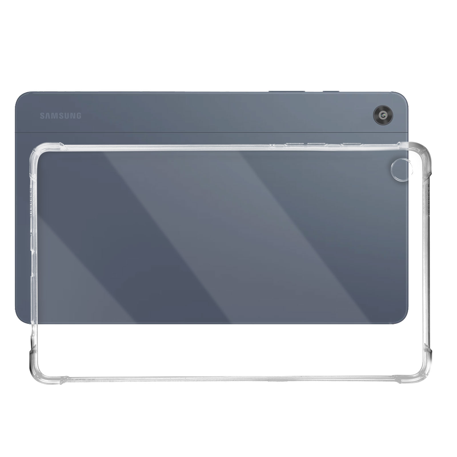 Ein Tablet mit grauem Rücken und einer durchsichtigen Hülle. Das Tablet ist in einer Hülle.