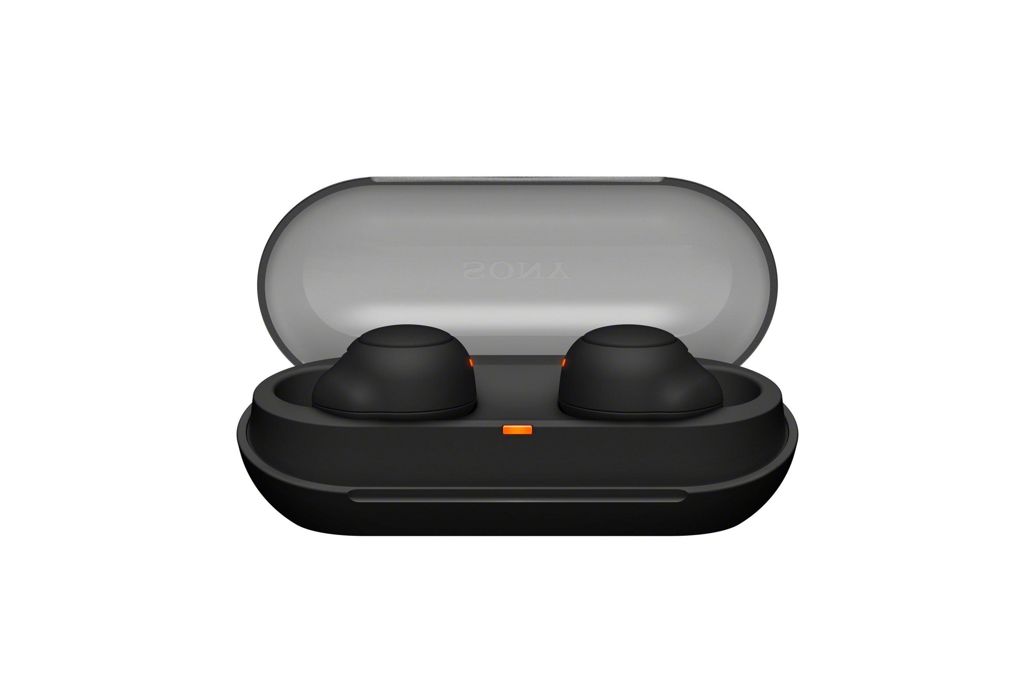 Estuche de auriculares negro, abierto, con dos auriculares negros dentro. Fondo blanco.
