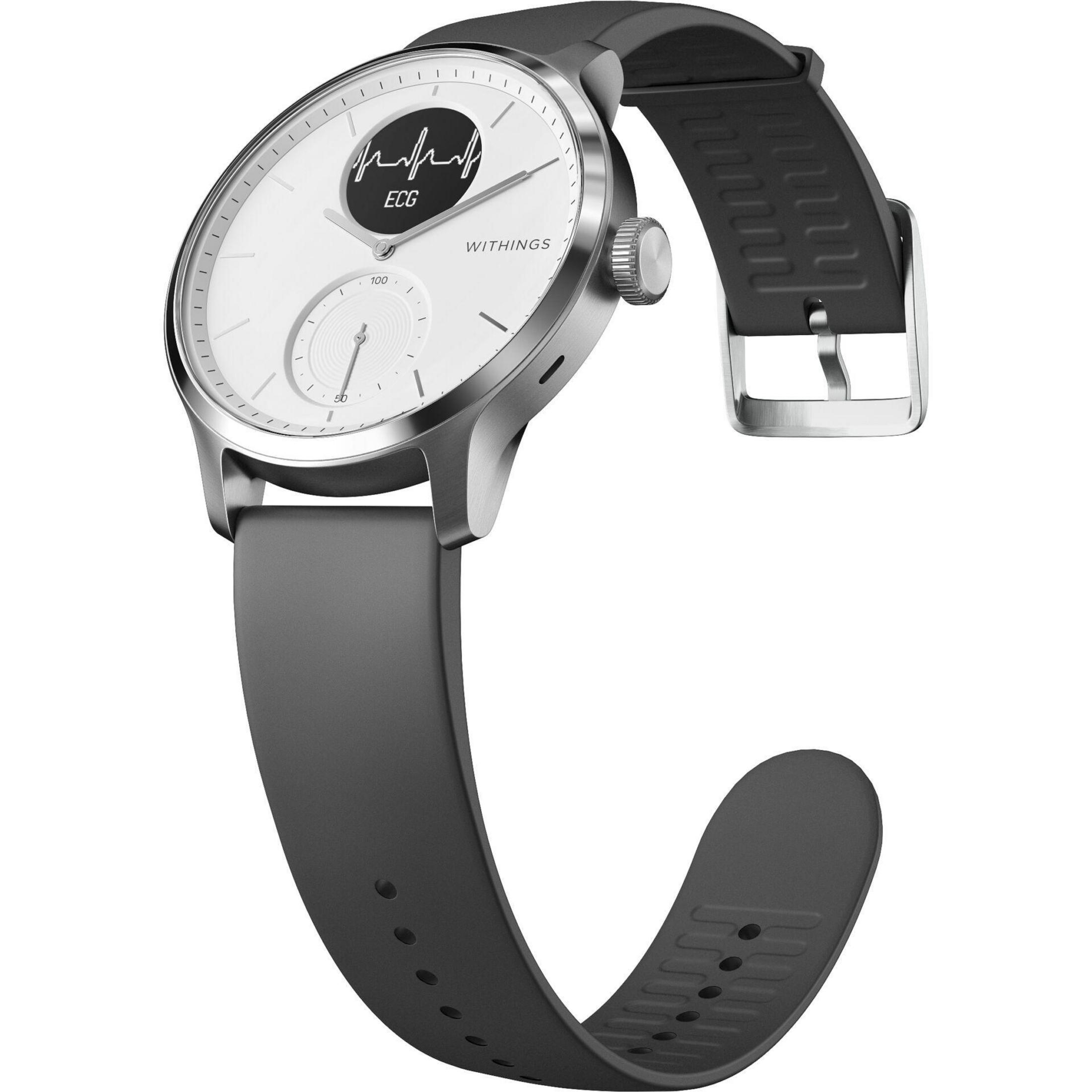 Silberne Smartwatch mit schwarzem Armband, zeigt EKG auf dem Bildschirm.