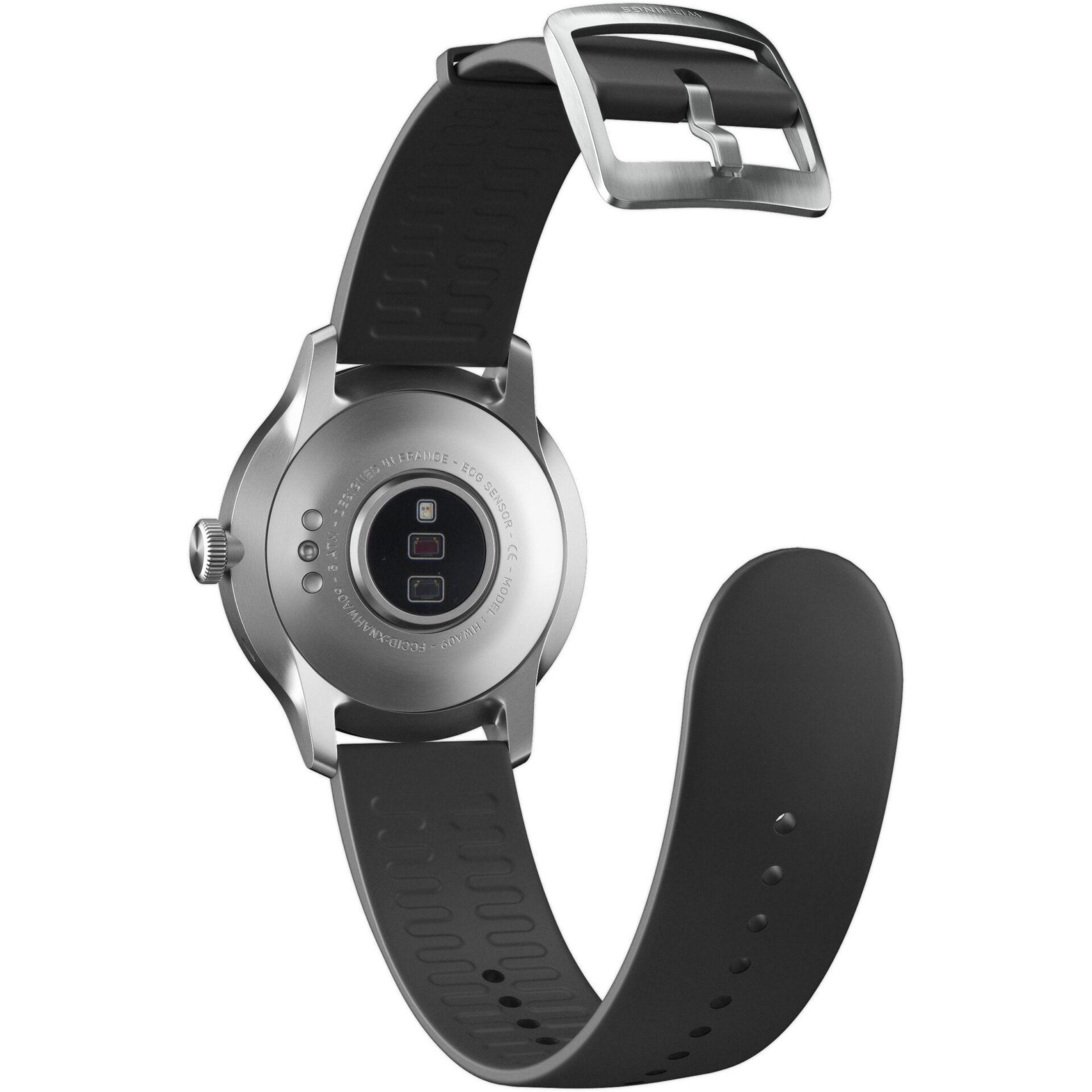 Rückansicht einer schwarzen Smartwatch mit schwarzem Armband. Mit Sensor und Metallschnalle.