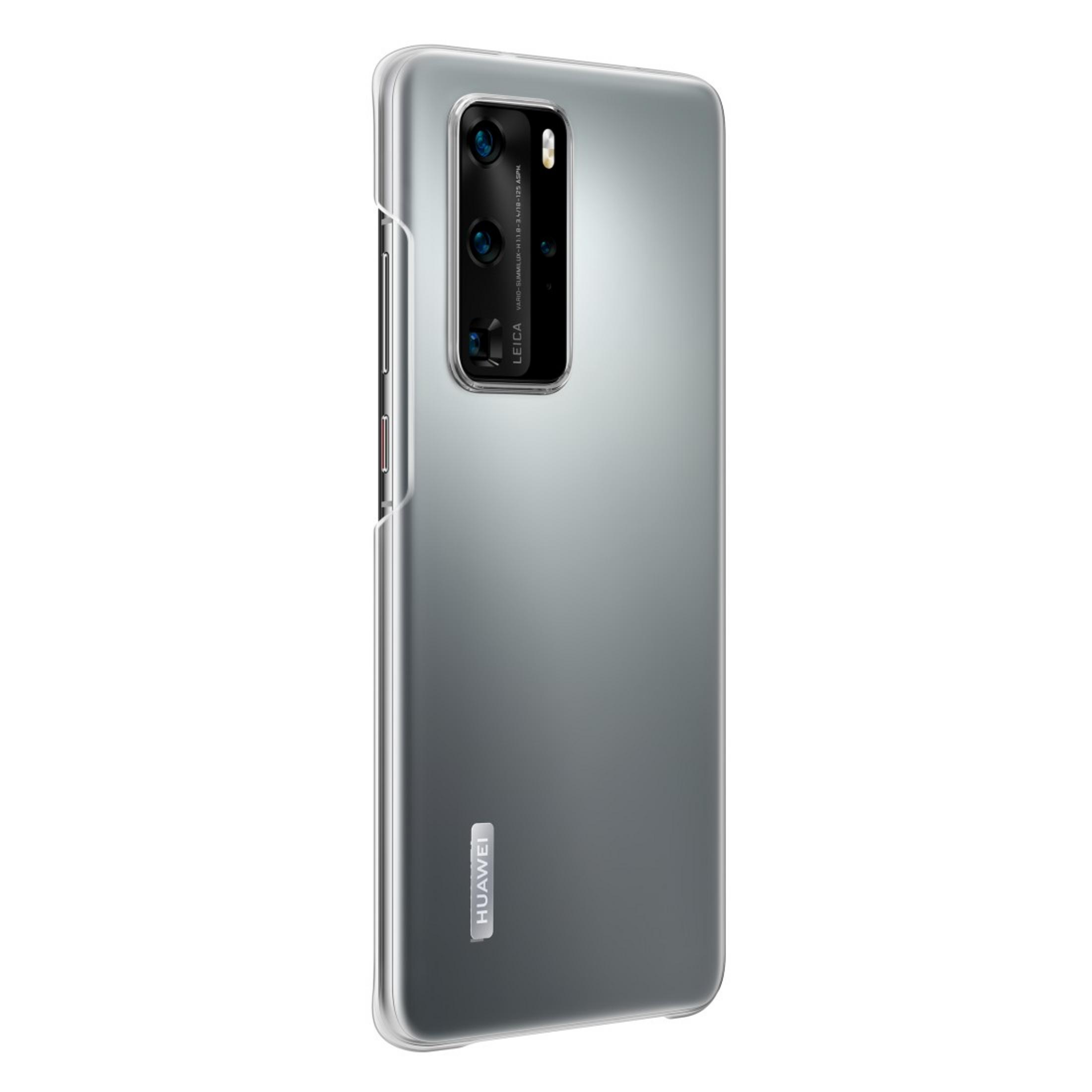 Telefono argentato con più fotocamere posteriori, in una custodia trasparente su sfondo bianco.