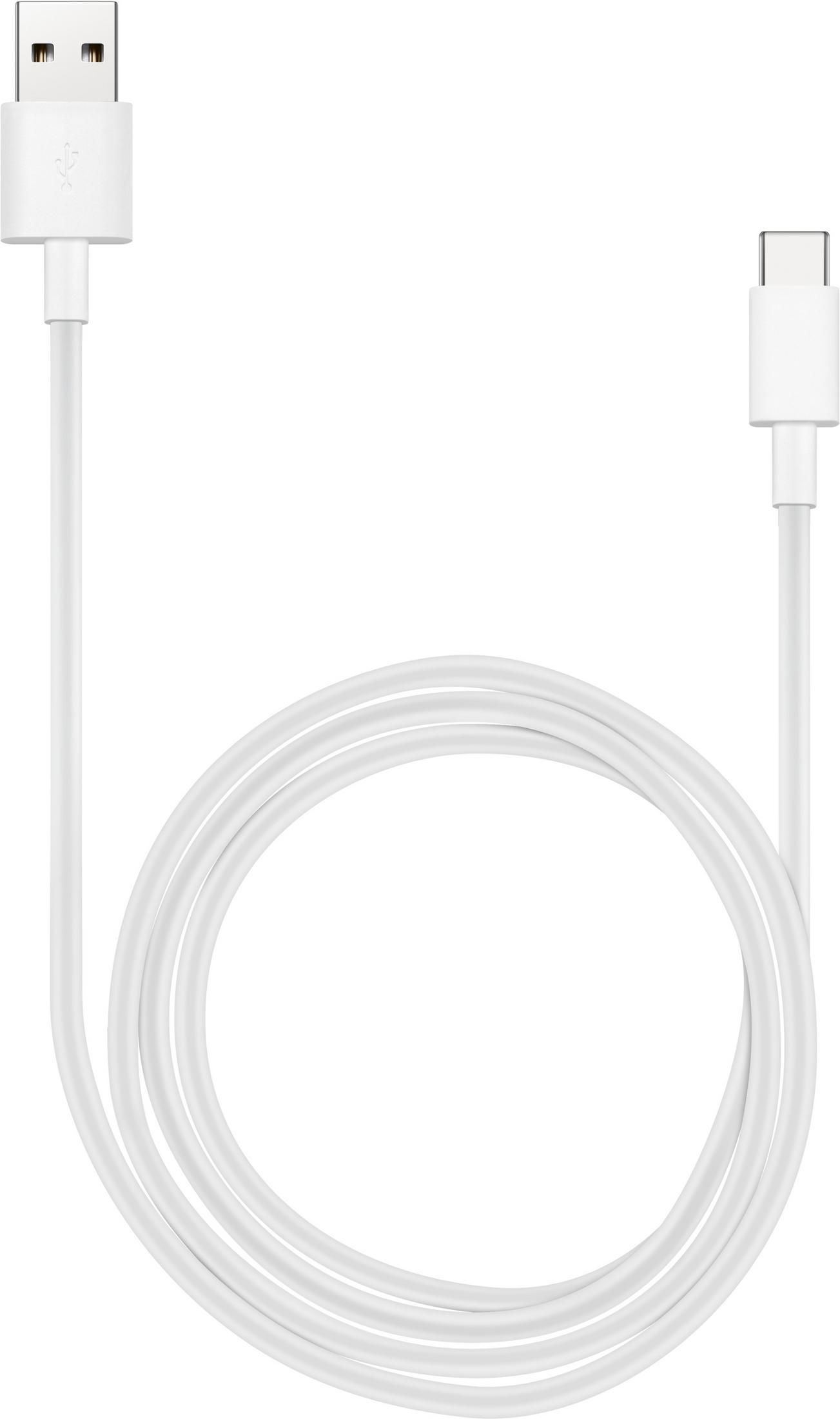 Biały kabel USB do USB-C, zwinięty. Widoczne są złącza, a tło jest białe.