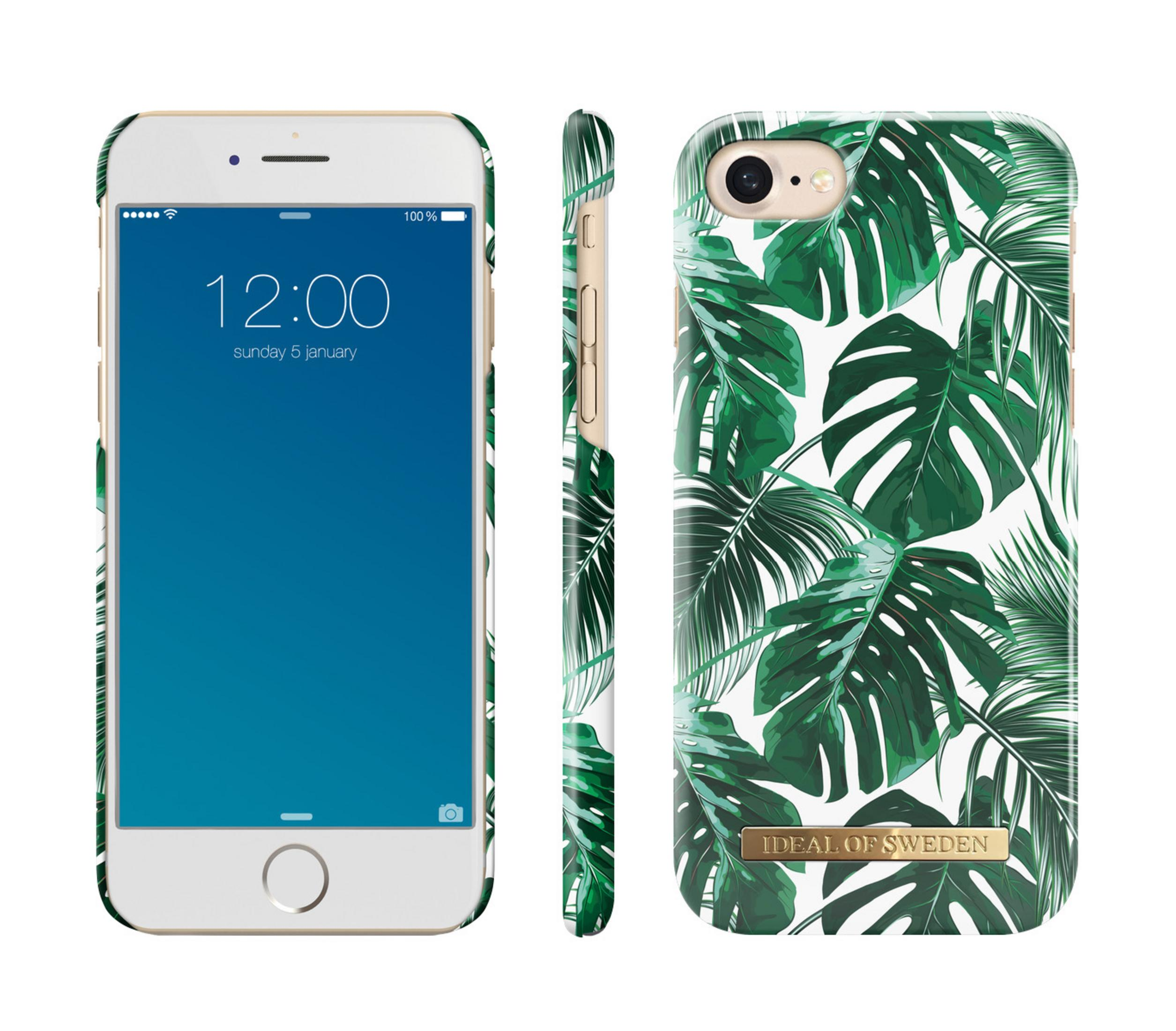 iPhone in custodia con motivo a foglie verdi, che mostra lo schermo con ora e data.