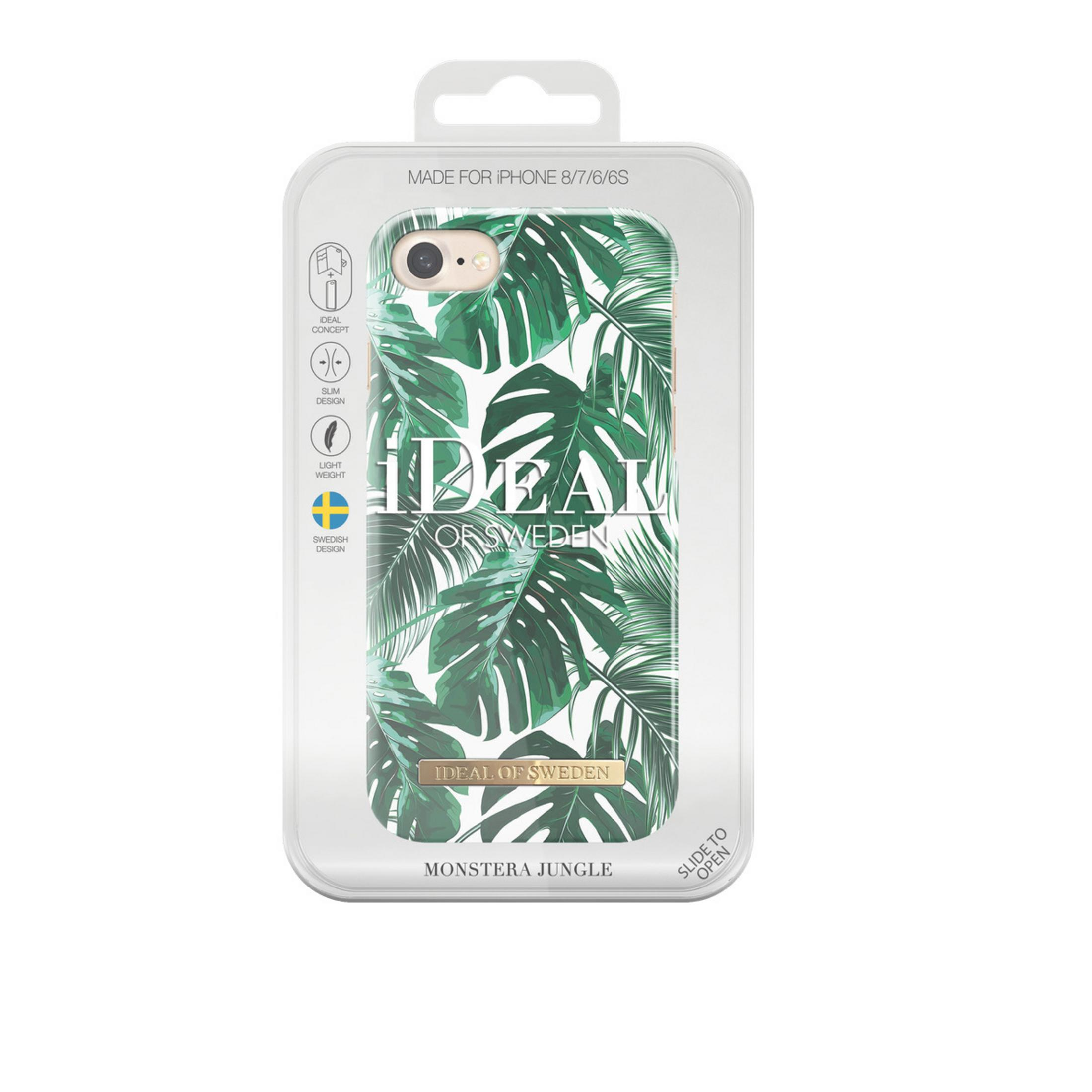 Custodia per telefono nella confezione, con un design a foglie tropicali.