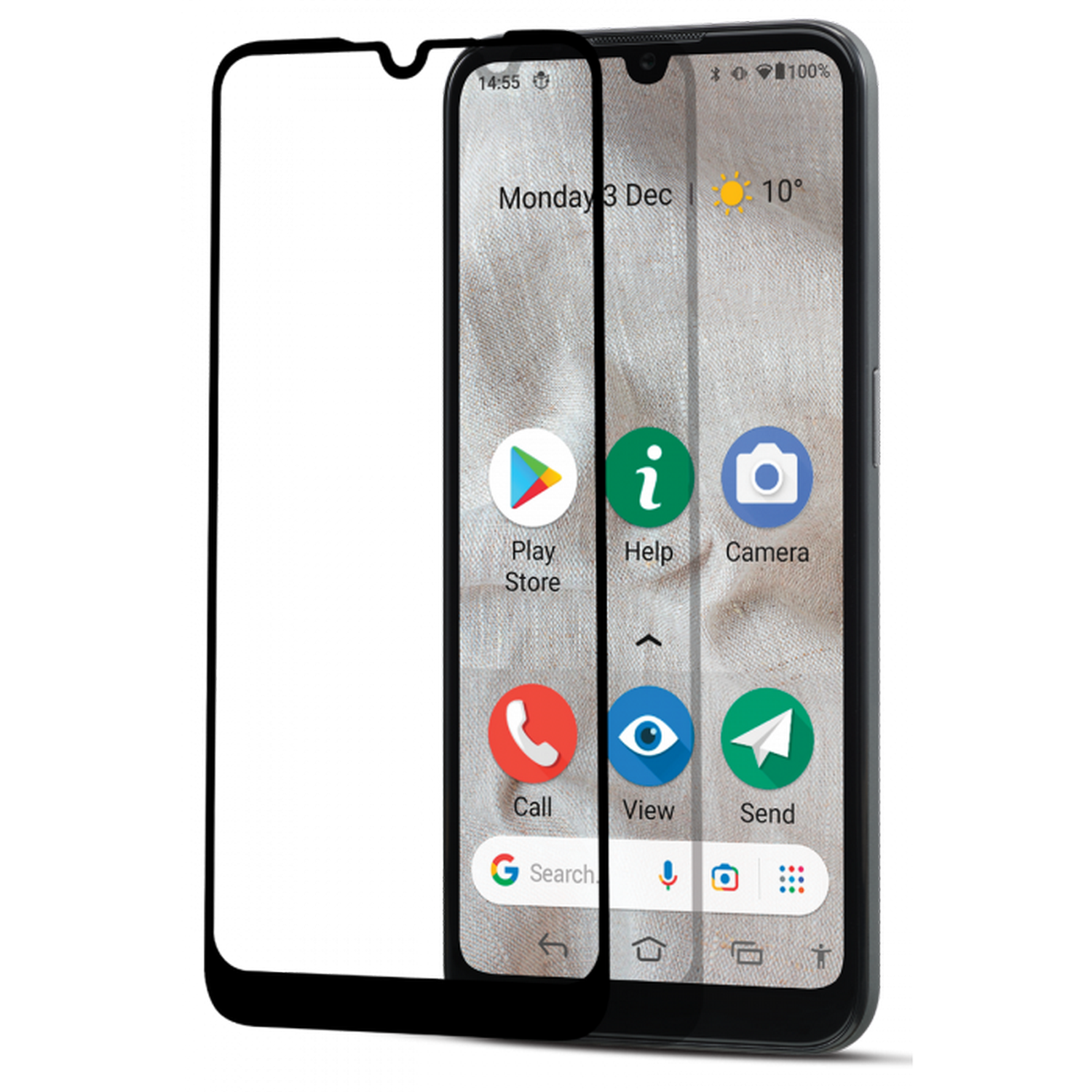 Un téléphone avec un protecteur d'écran, affichant l'écran d'accueil avec des icônes d'applications.