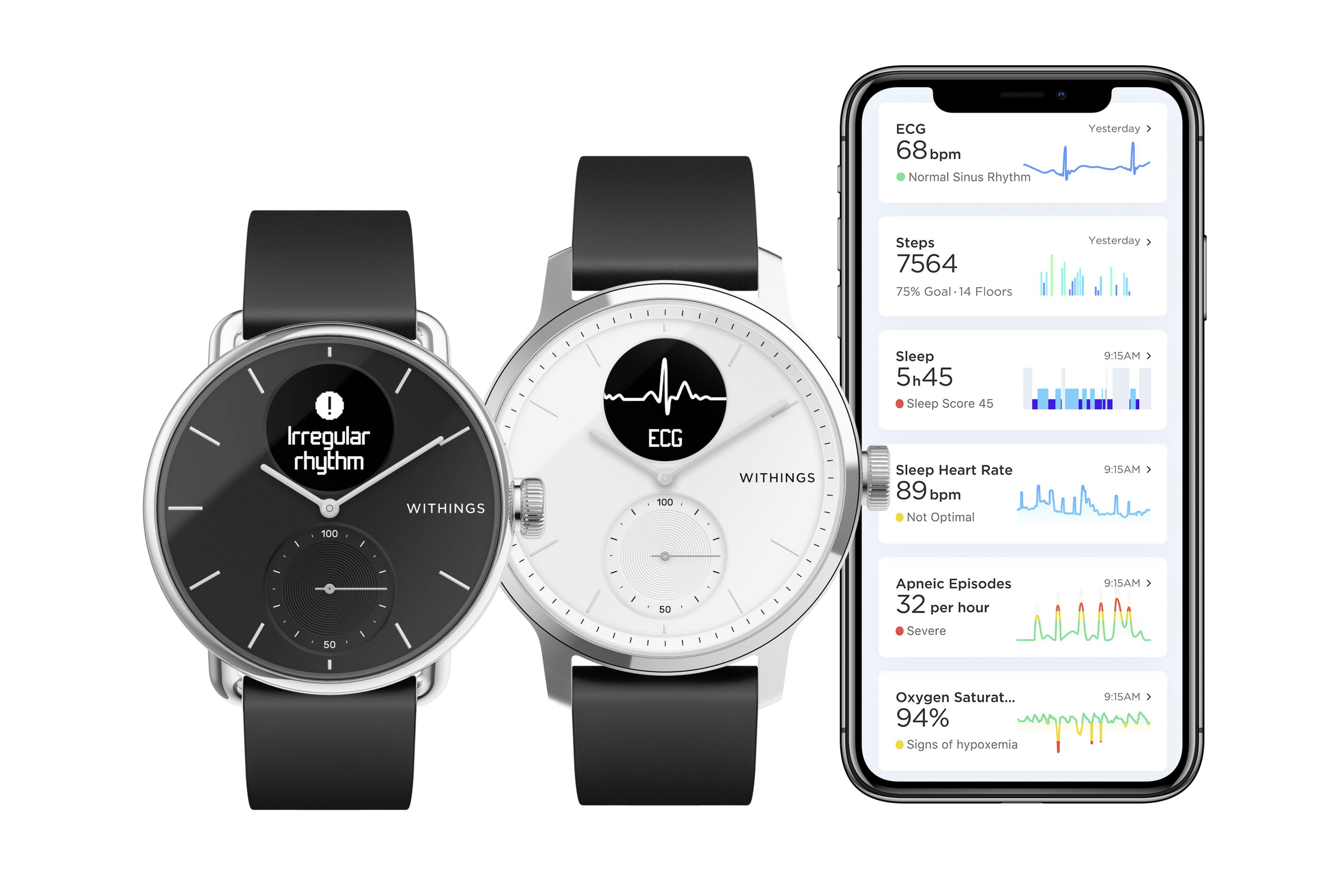 Zwei Smartwatches und ein Telefon, das Gesundheitsdaten anzeigt: EKG, Schritte, Schlaf, Herzfrequenz und Sauerstoff.