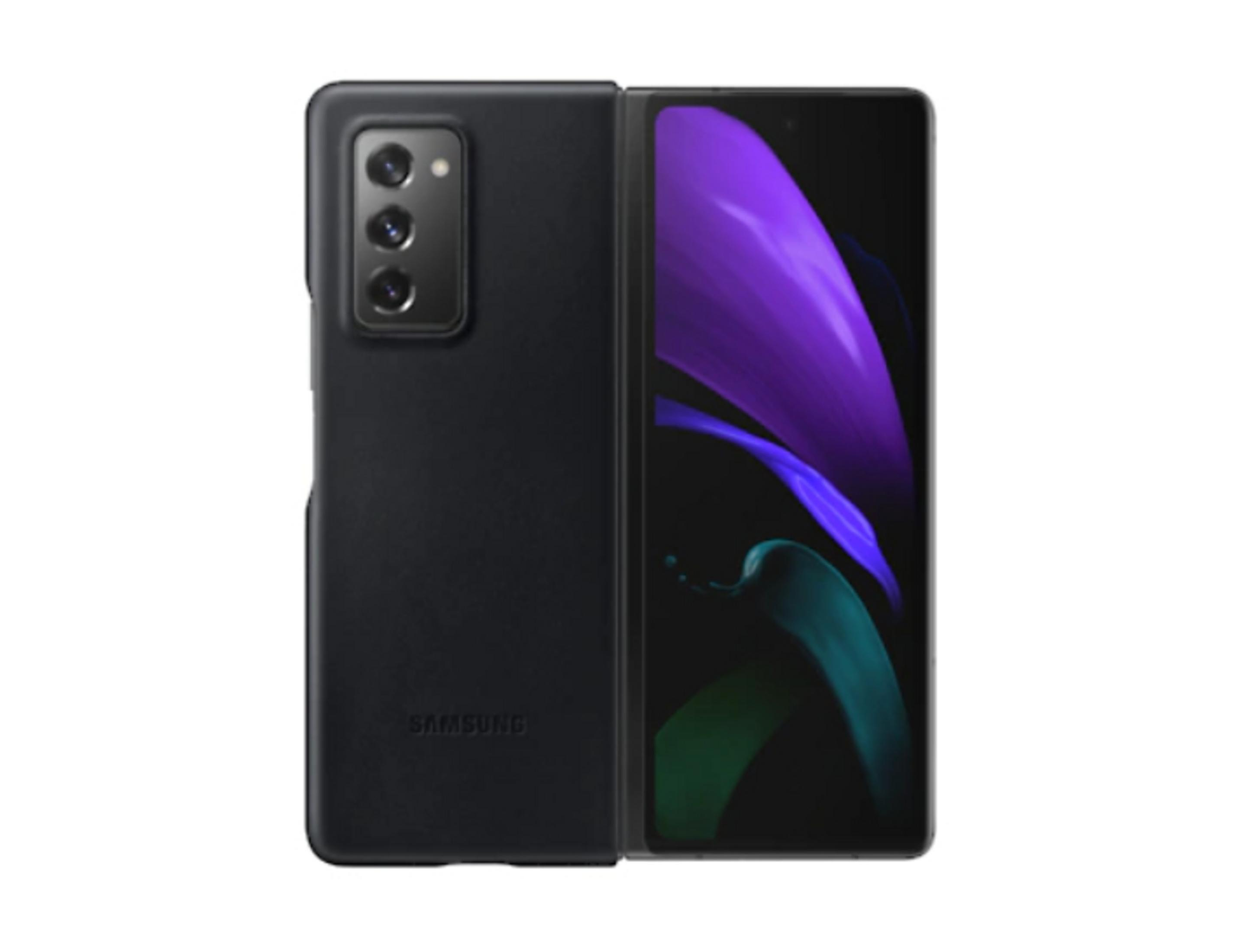 Téléphone noir plié, montrant caméra et écran.