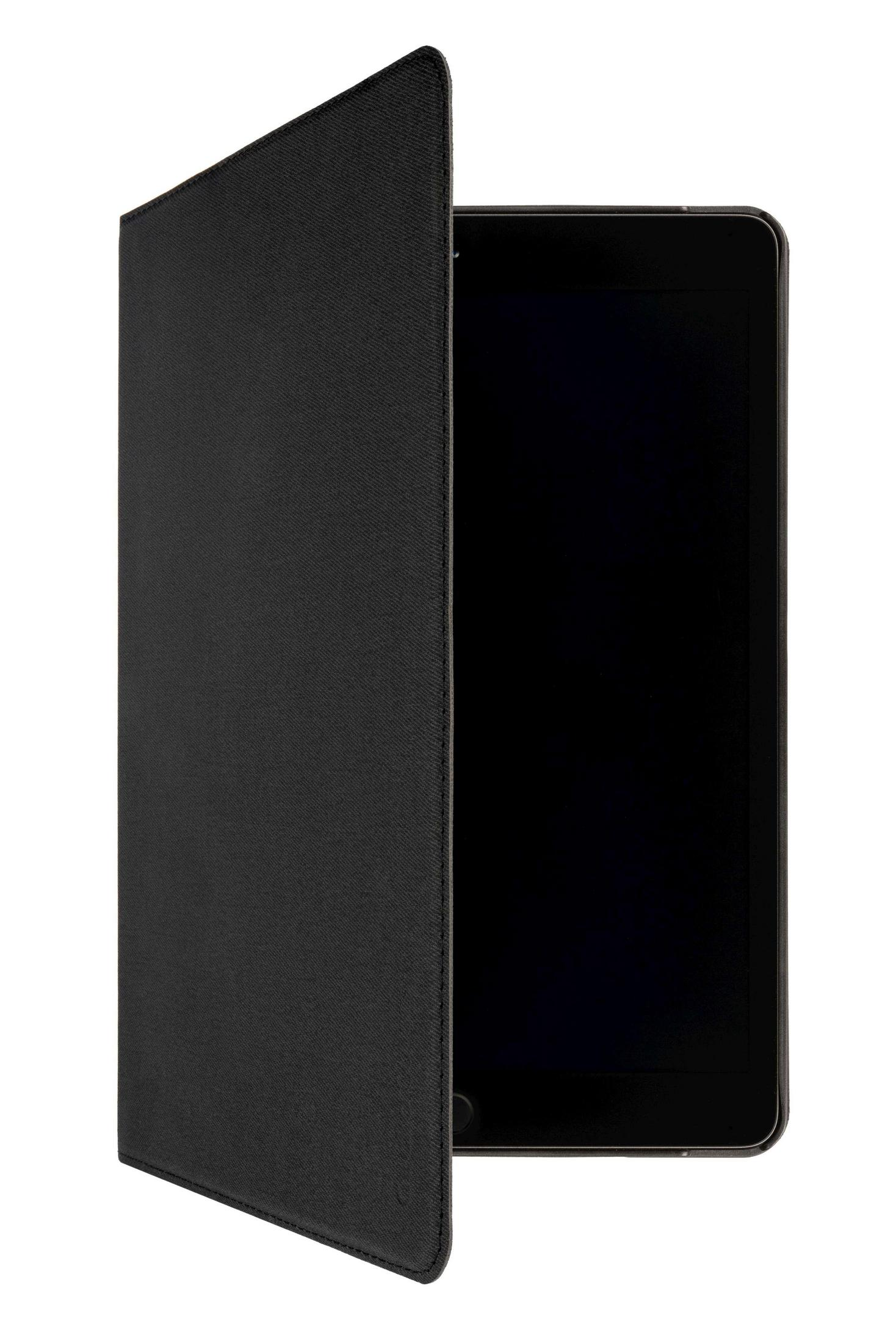 Schwarzes Tablet in einer schwarzen Hülle; die Hülle ist geöffnet und zeigt den Bildschirm.