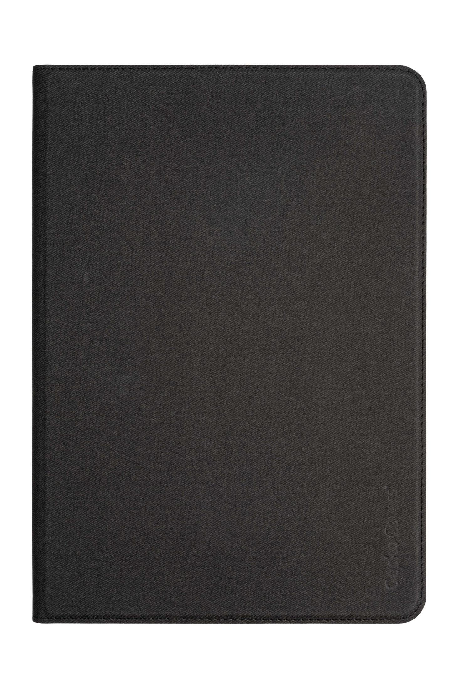 Schwarze Tablet-Hülle. Schlicht und elegant mit dem Logo der Marke.