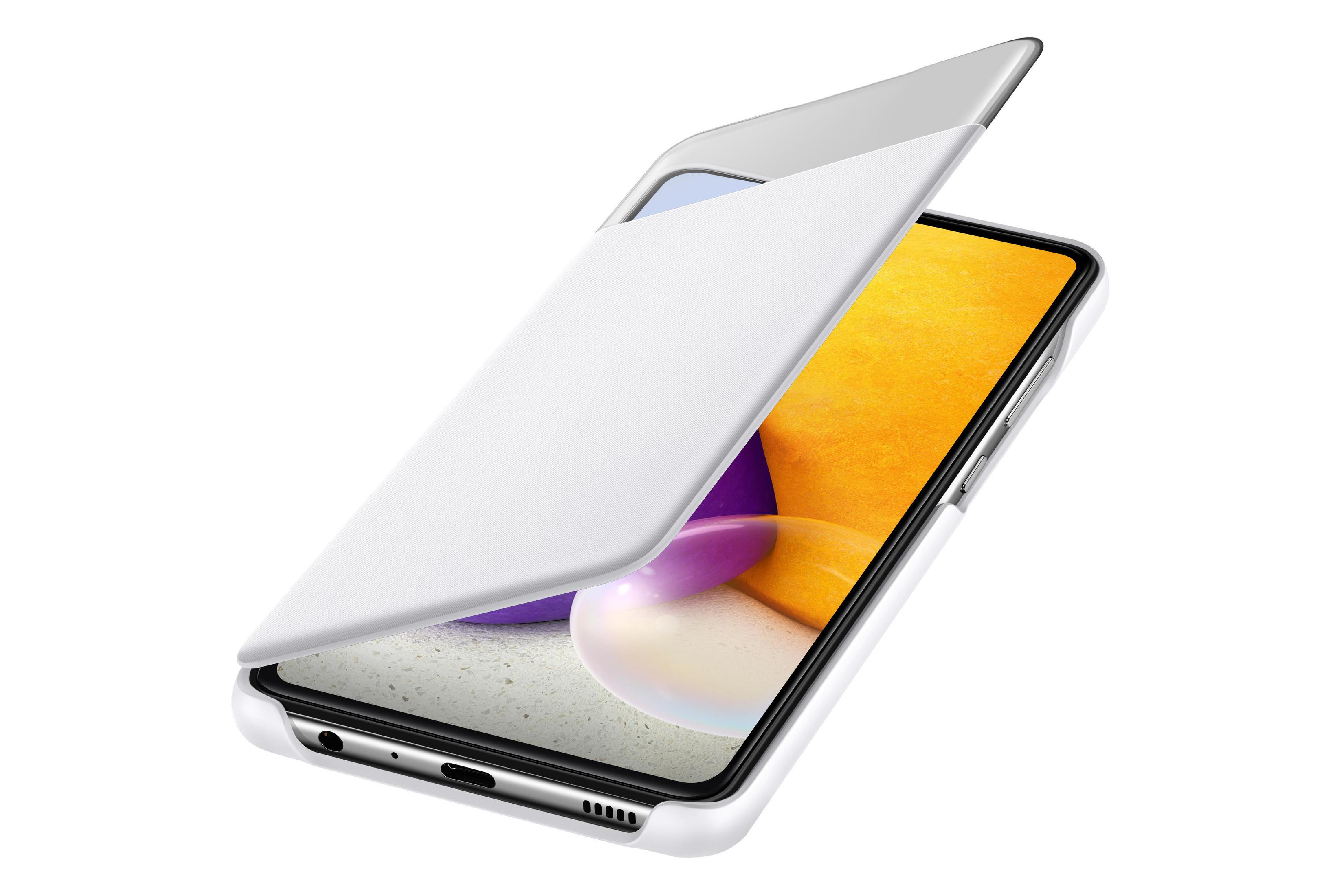 Funda de teléfono blanca parcialmente abierta sobre un teléfono. La funda es blanca, la pantalla es amarilla, morada y blanca.