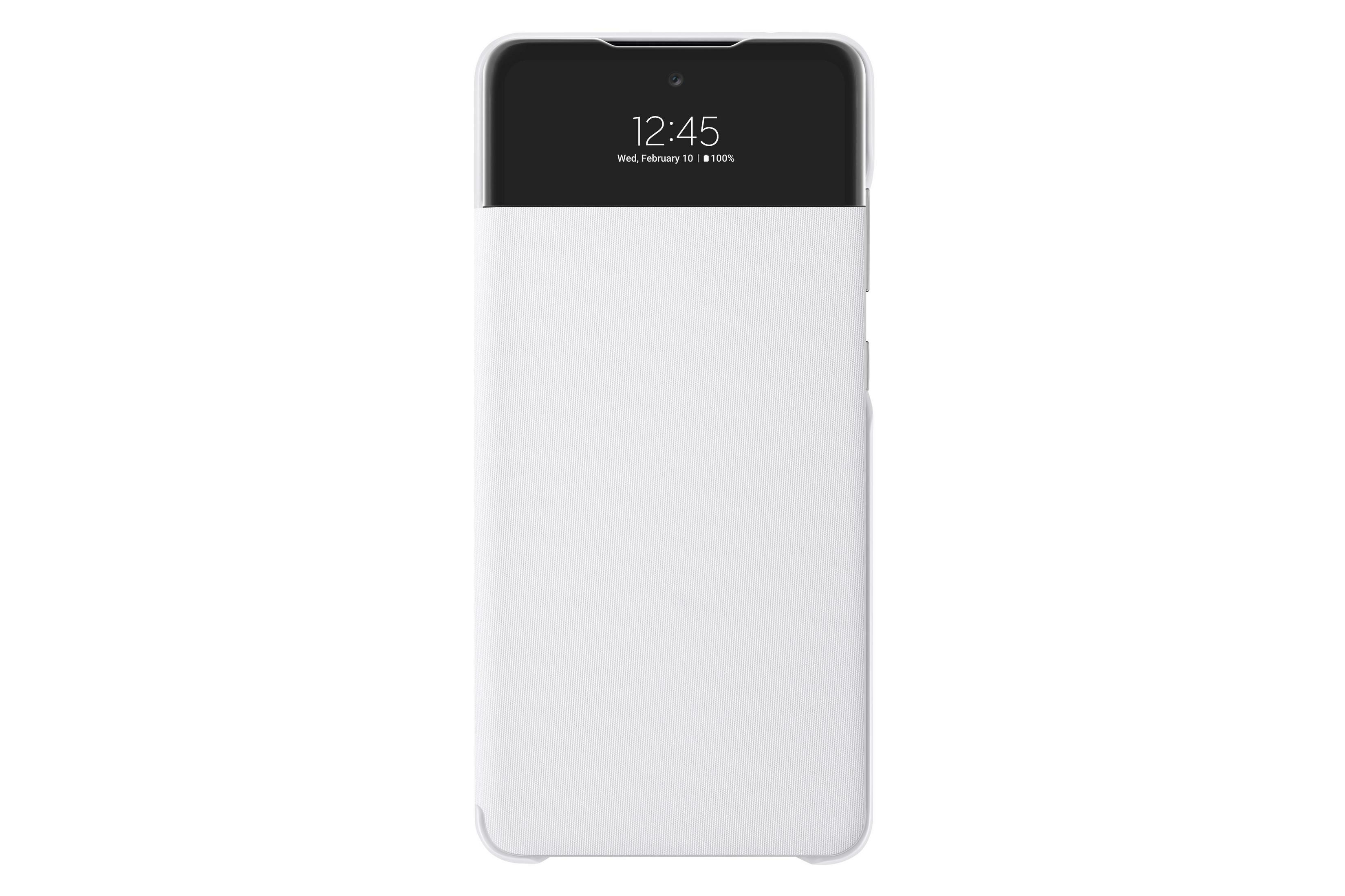 Una funda de teléfono blanca cerrada con una pantalla negra que muestra la hora y el porcentaje de batería.