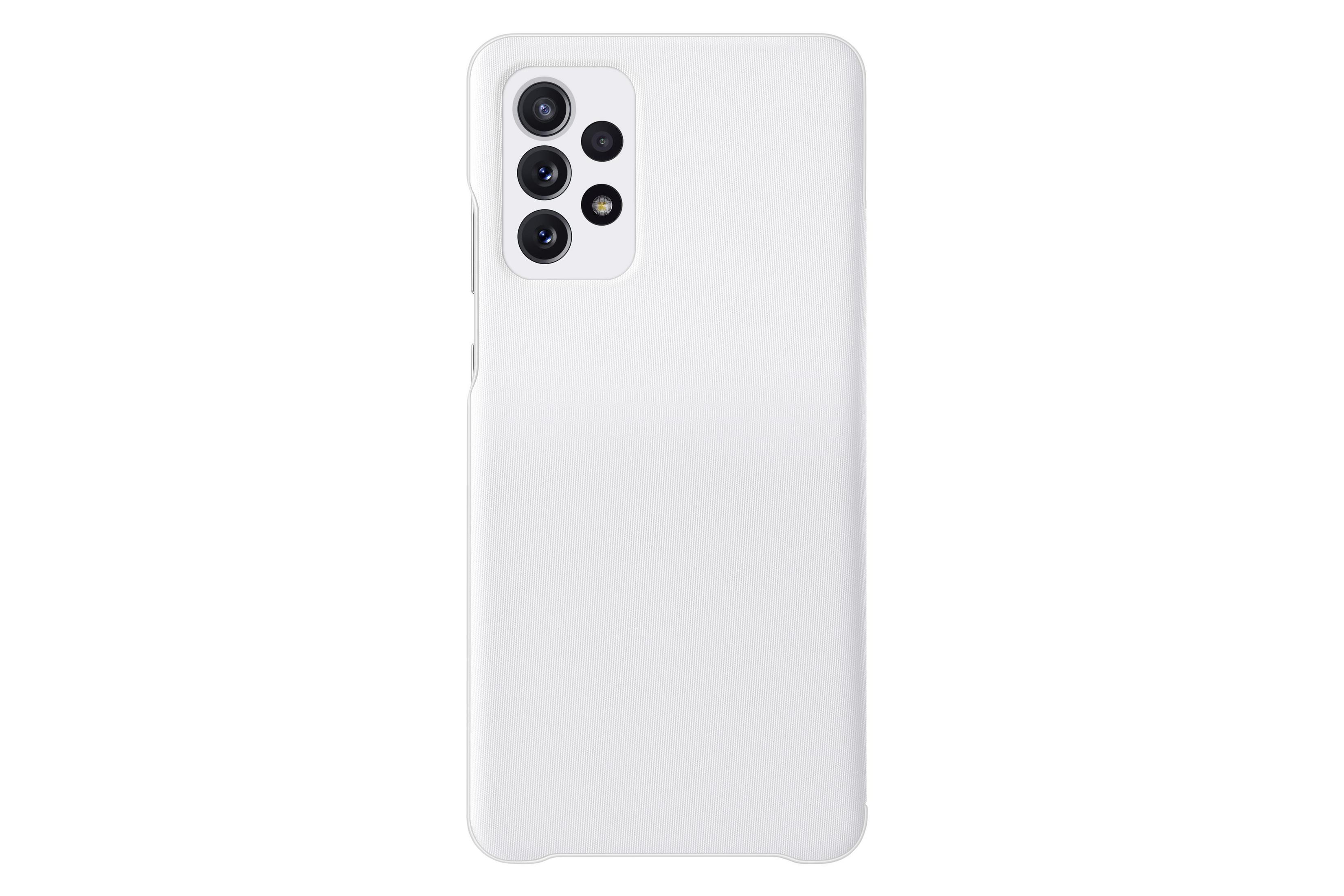 Funda blanca para teléfono. Tiene múltiples orificios para la cámara. Aislada sobre fondo blanco.