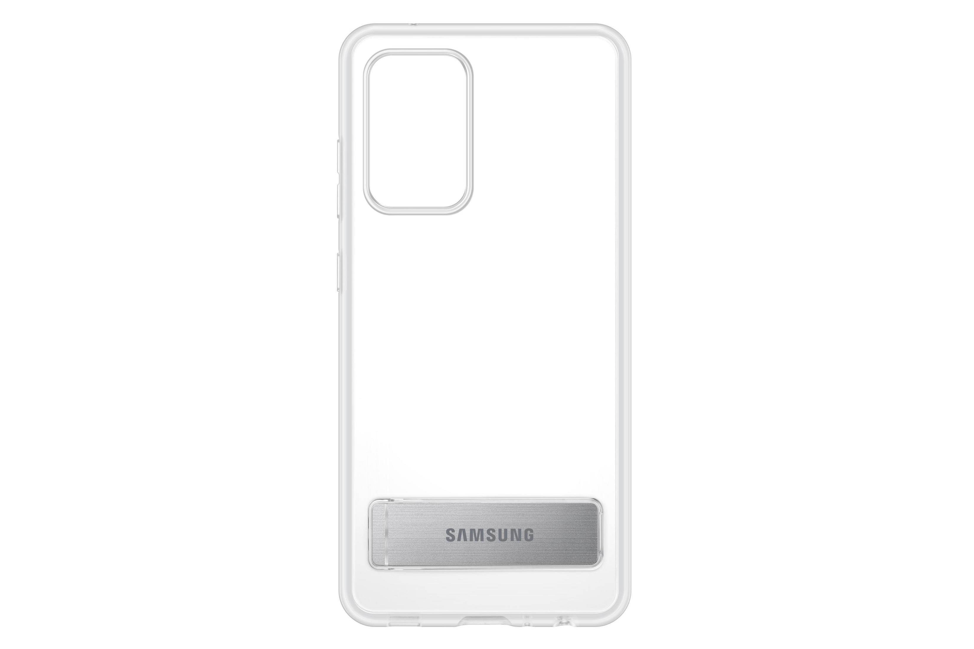 Custodia trasparente per telefono con supporto Samsung argentato. È una cover posteriore trasparente.