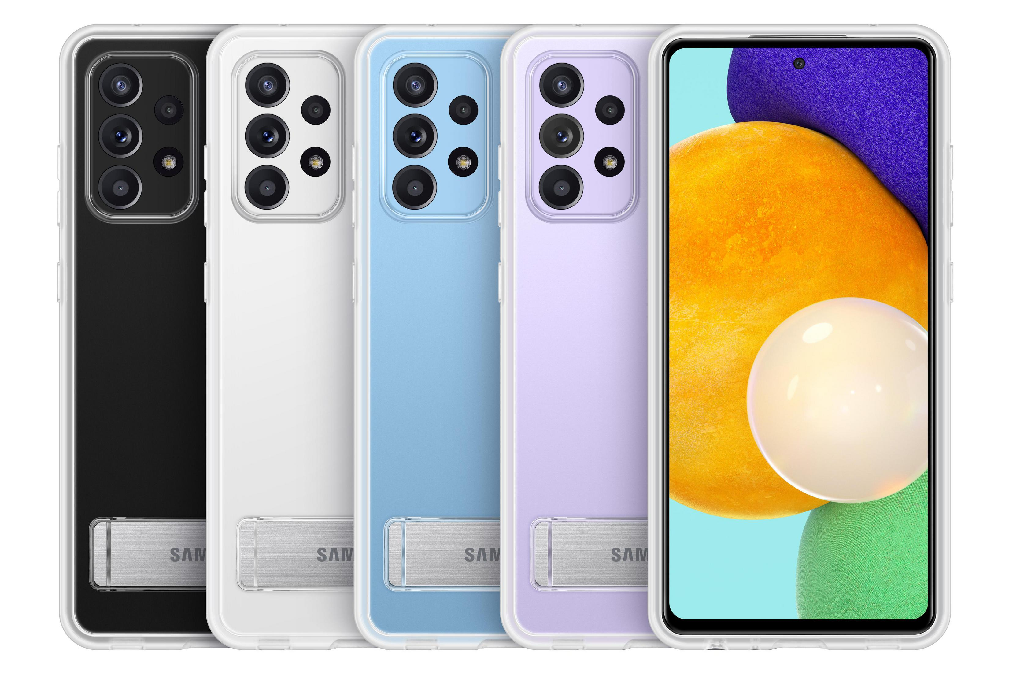 Cinque custodie per telefoni in fila, diversi colori, con telefoni all'interno e supporto.