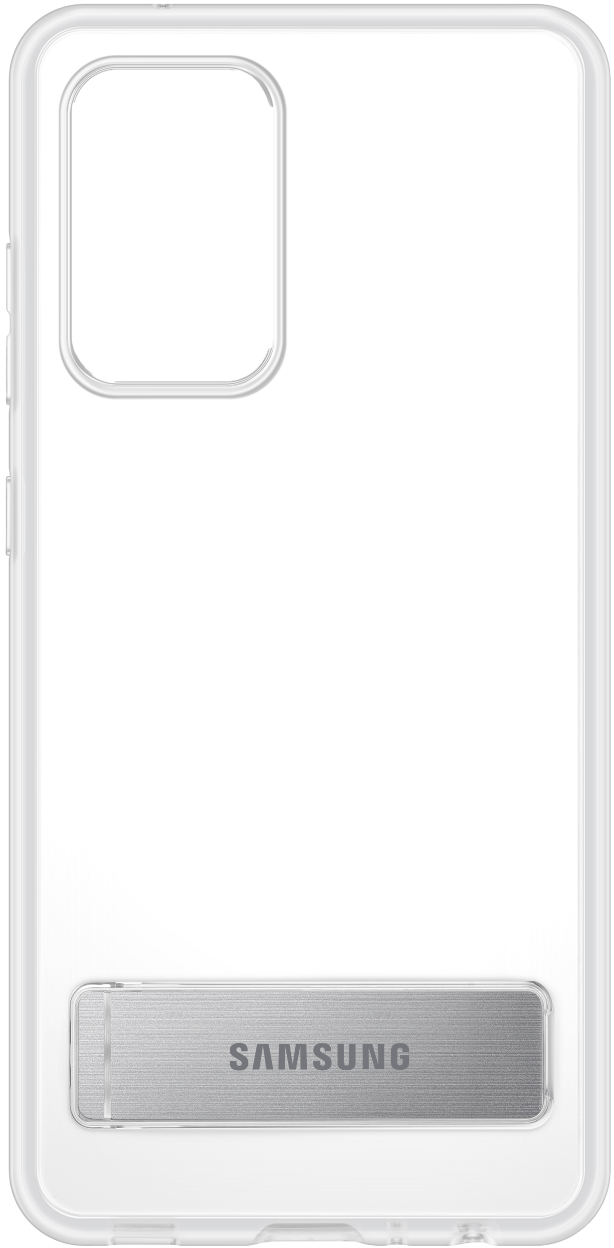 Custodia trasparente per telefono con supporto argentato. Logo Samsung. Area fotocamera nera. Sfondo bianco.