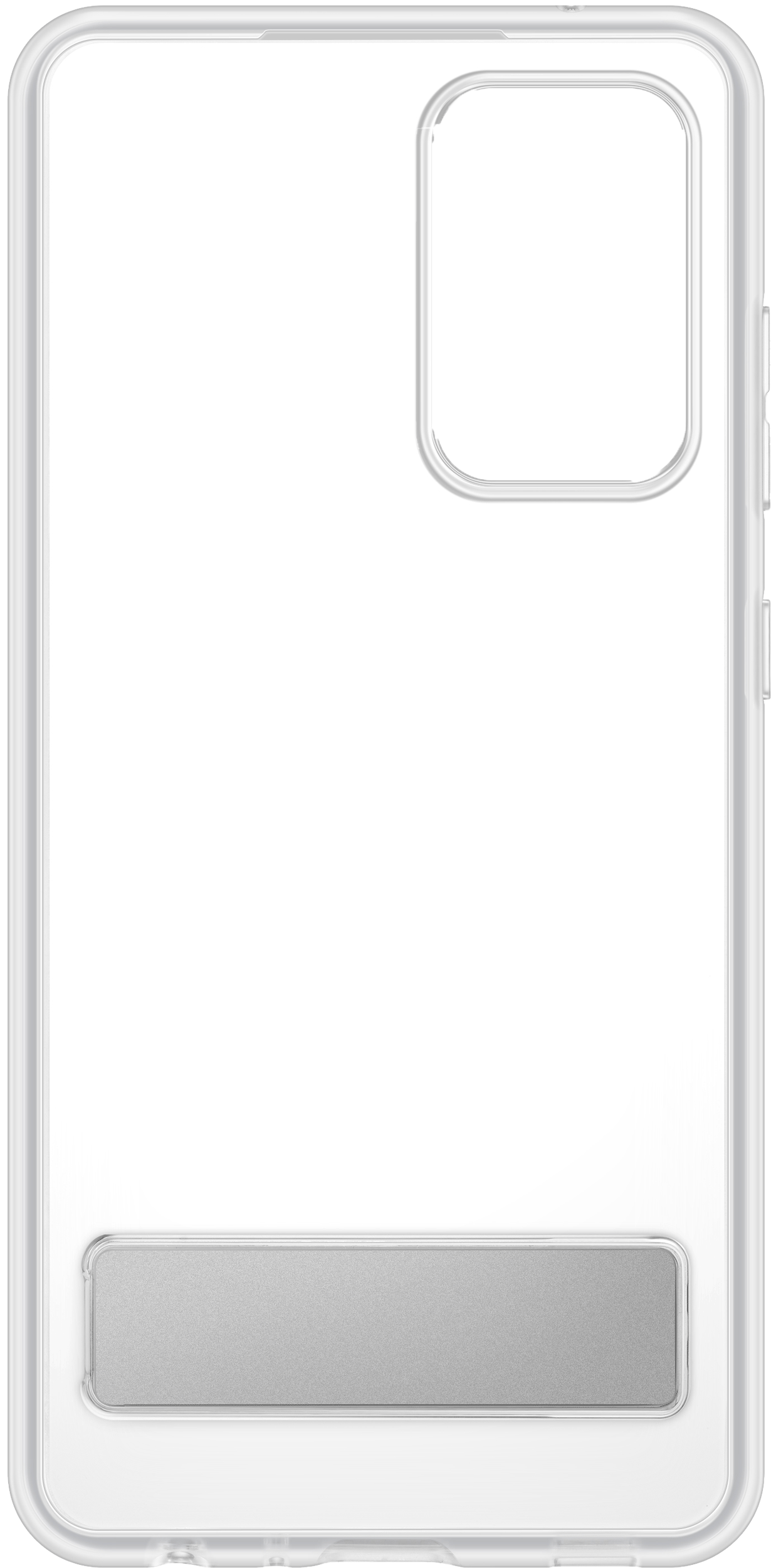 L'immagine mostra una custodia trasparente per telefono con un cavalletto, che mostra il retro del telefono.