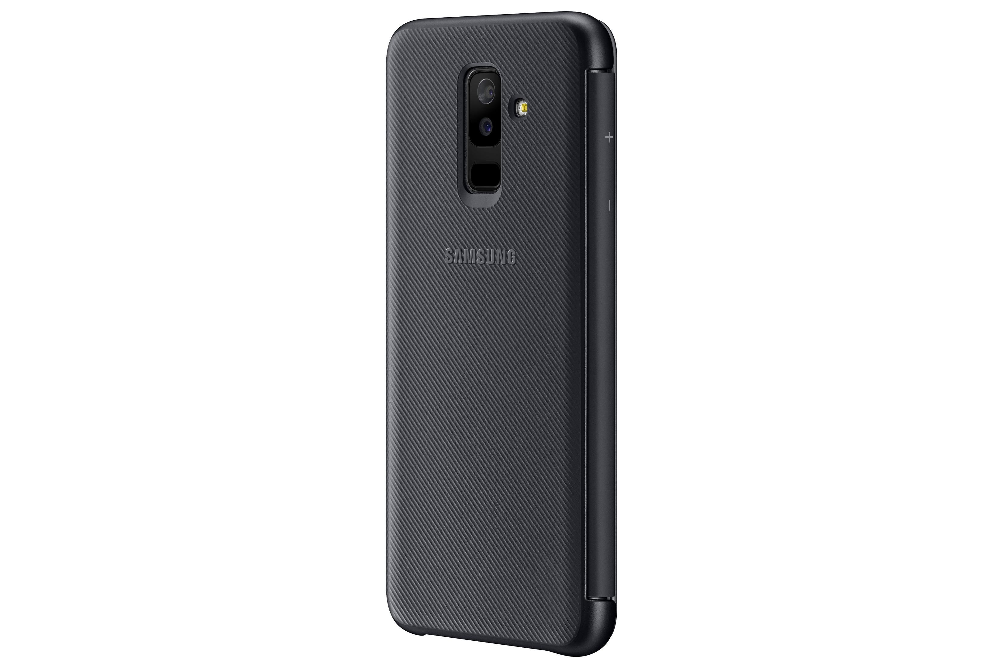 Telefono nero, marchio Samsung, con retro strutturato. Fotocamera e pulsanti sono visibili.