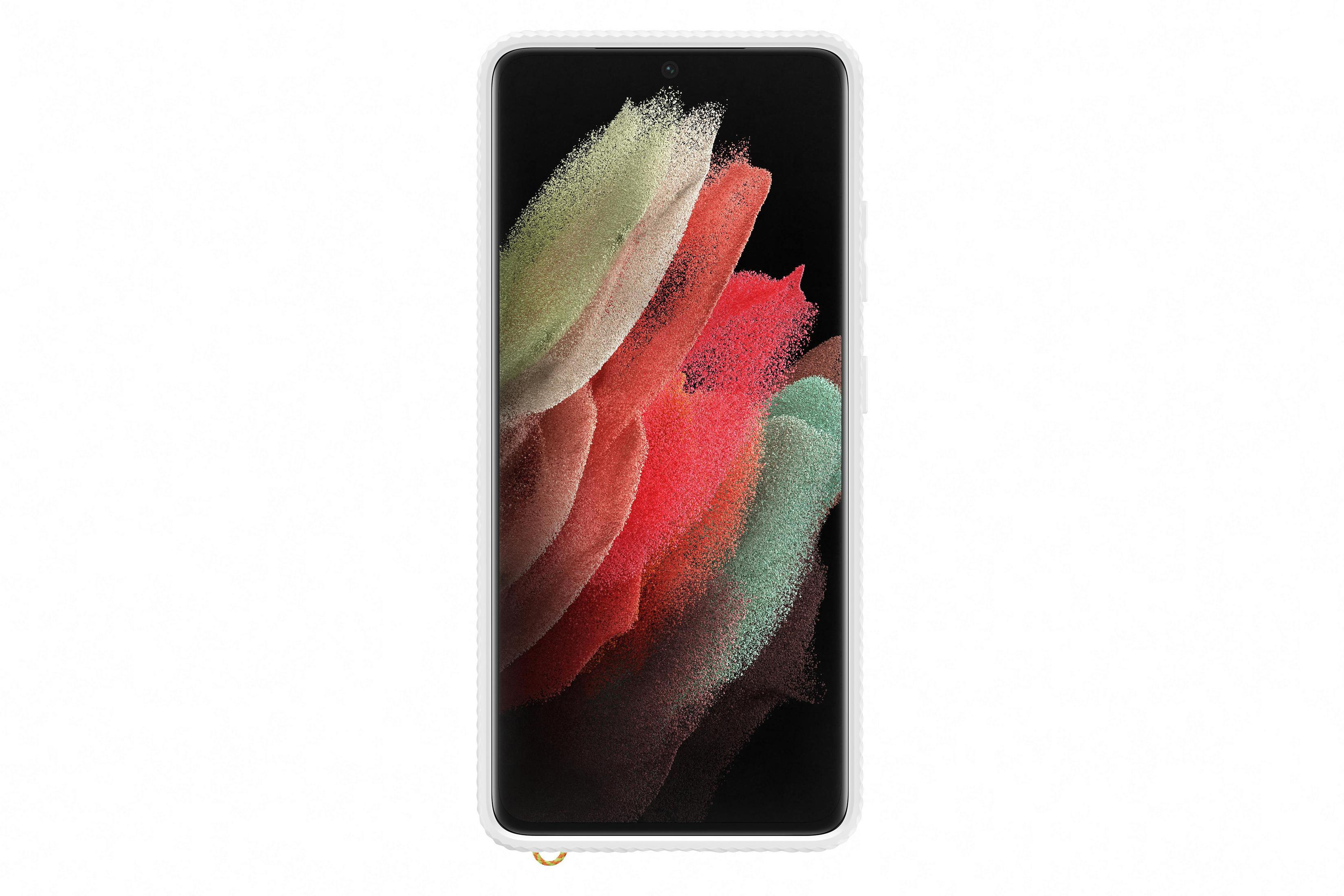Smartphone blanc avec un design abstrait coloré sur l'écran.