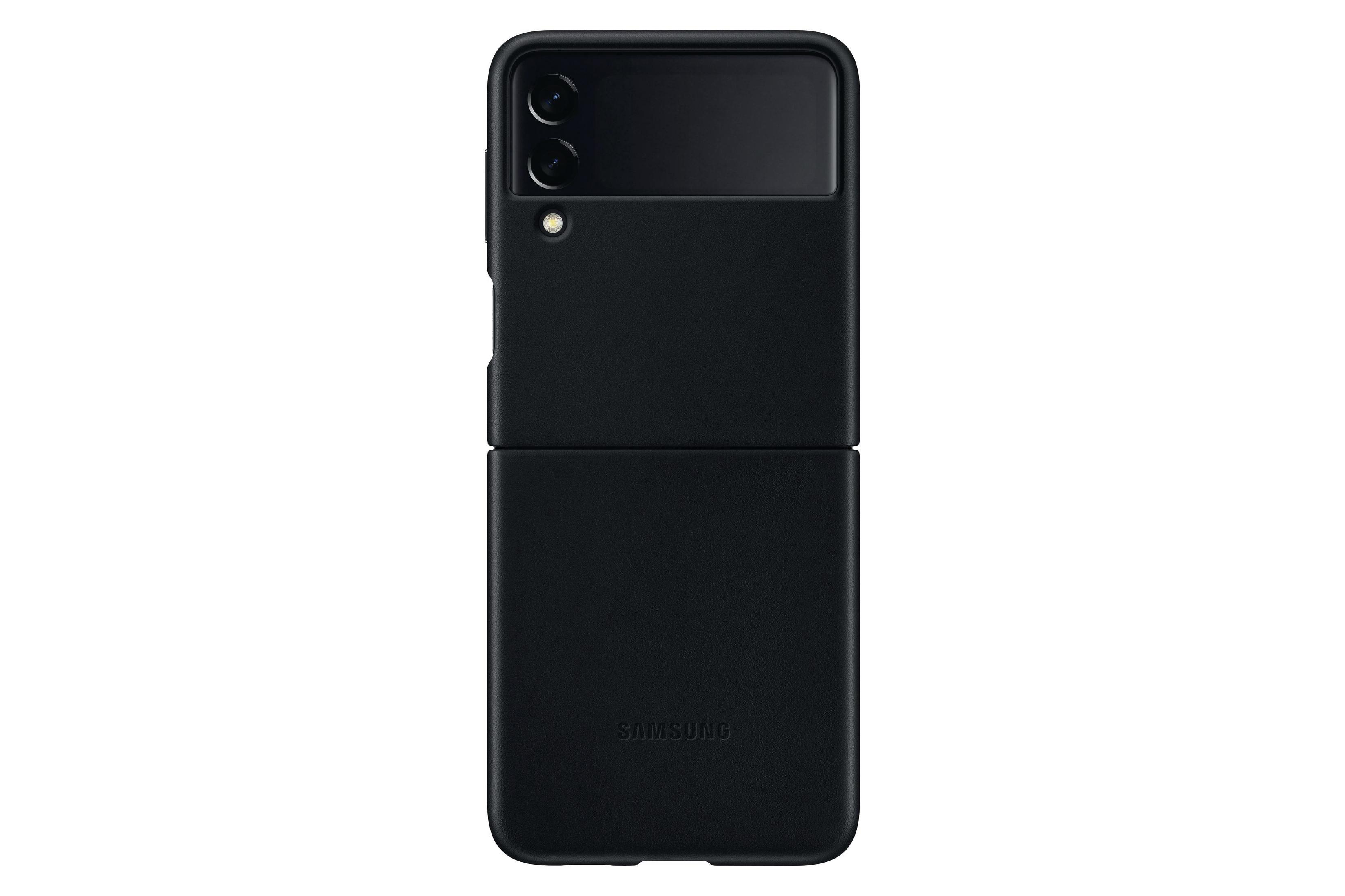 Funda negra para teléfono Samsung. Cerrada, con recorte para la cámara.