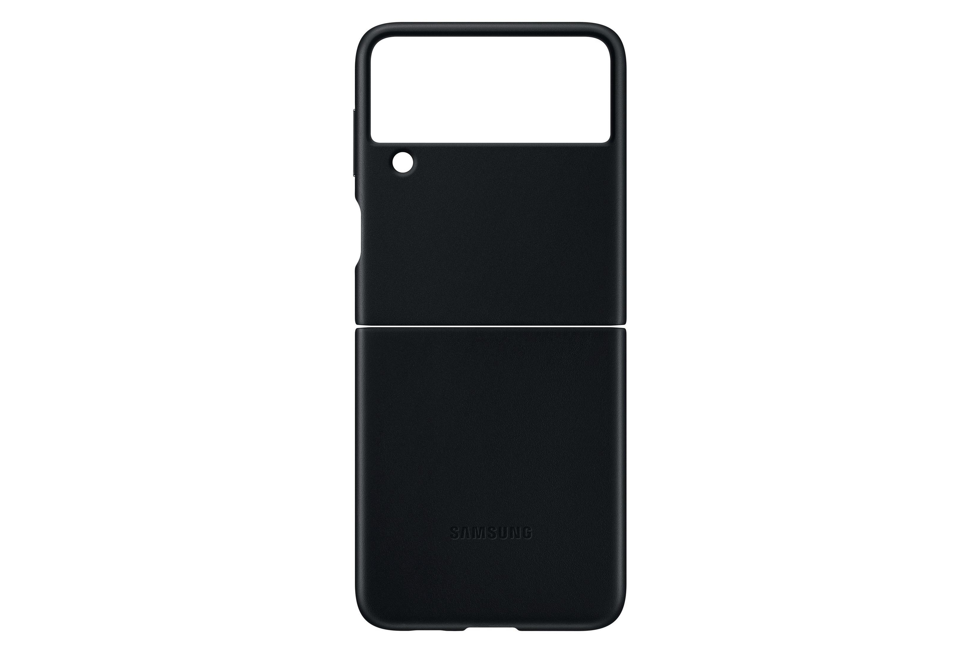 Funda de teléfono negra abierta, mostrando el interior y exterior con logo Samsung.