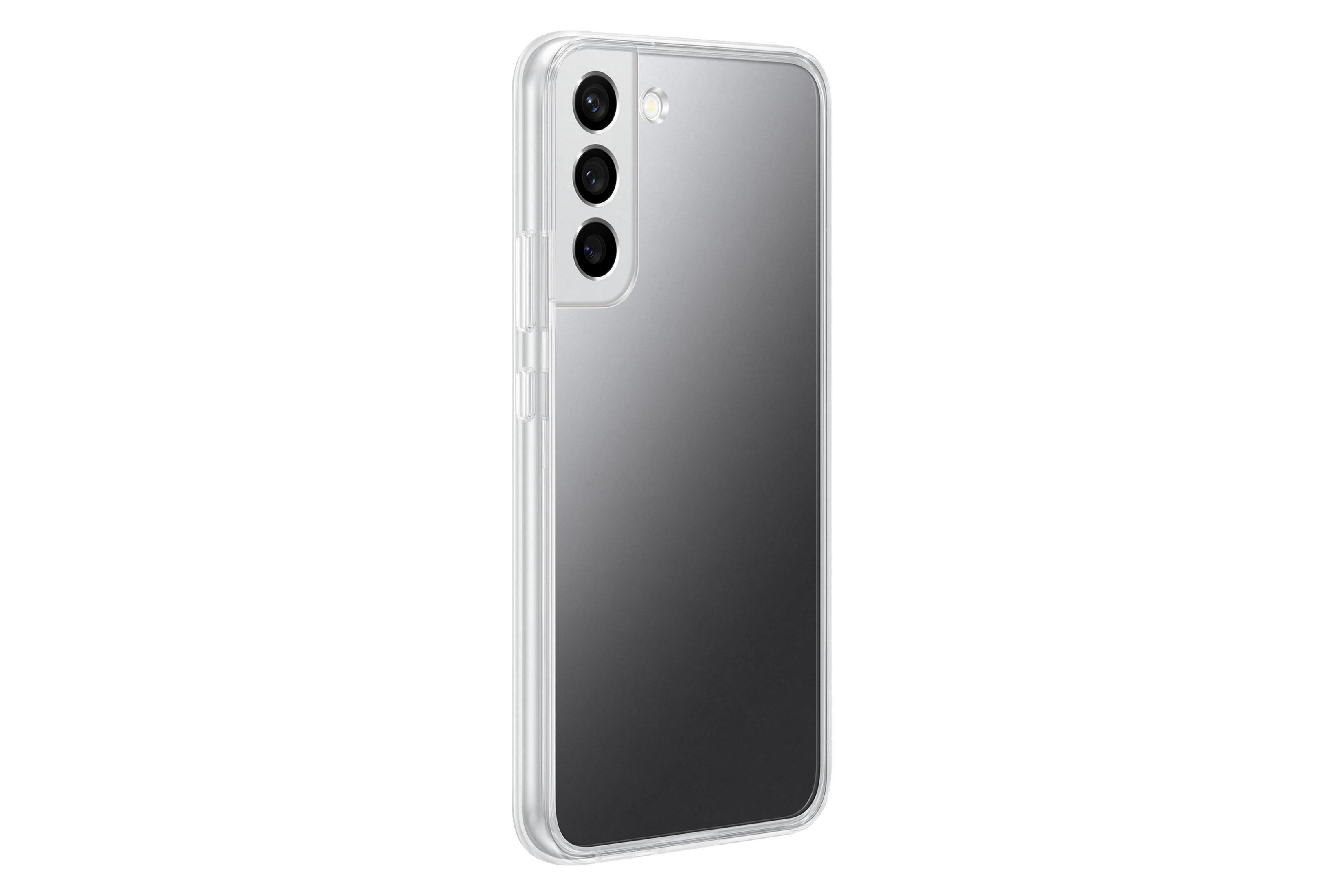 Smartphone-Rückseite mit drei Kameras. Transparente Hülle. Weißer Hintergrund.