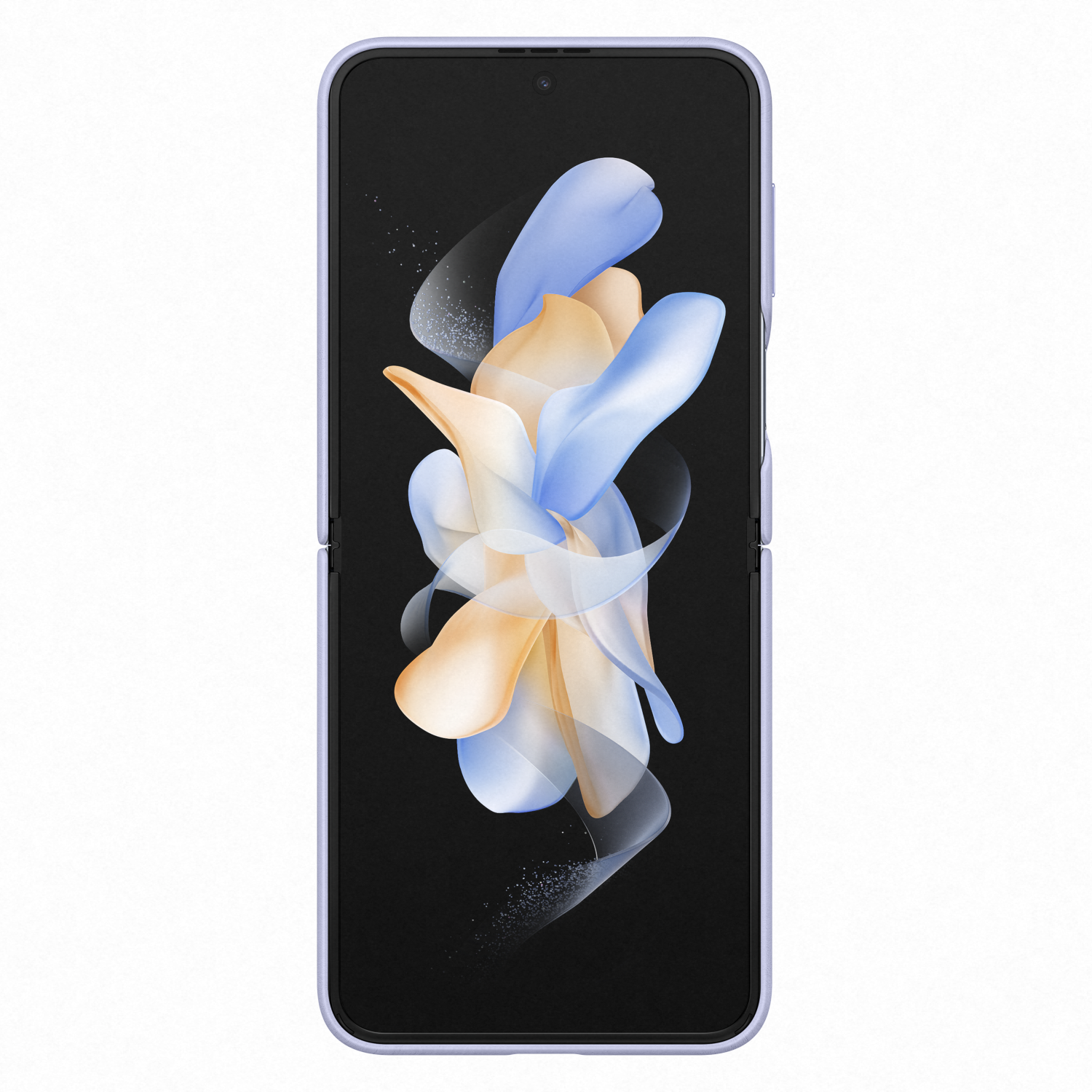 Teléfono plegable, abierto, con pantalla negra. El fondo tiene un diseño abstracto azul y naranja.