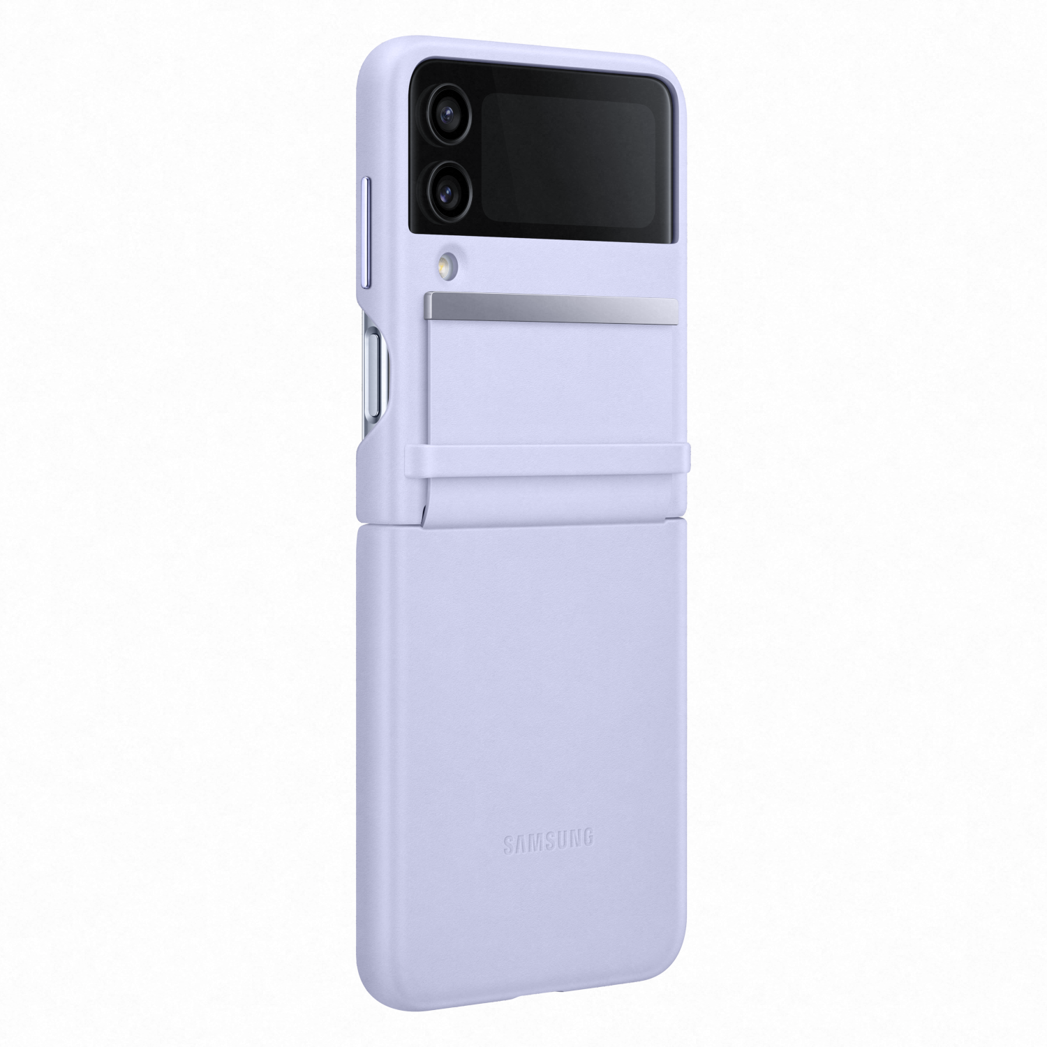 Una funda para teléfono Samsung Galaxy Z Flip de color púrpura claro con ranura para tarjeta y recorte de cámara.