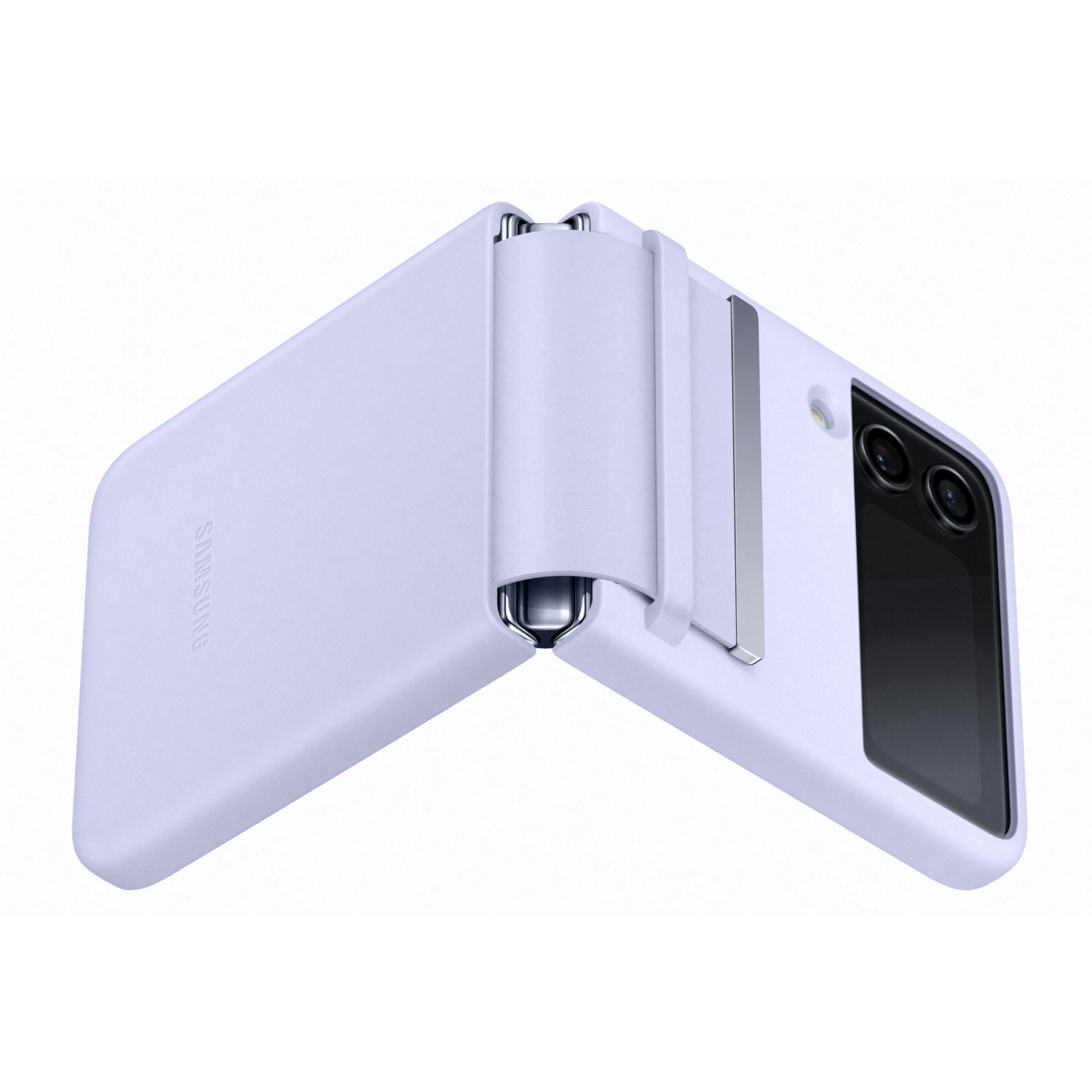 Un teléfono plegable morado claro, parcialmente abierto. Está sobre una superficie blanca.