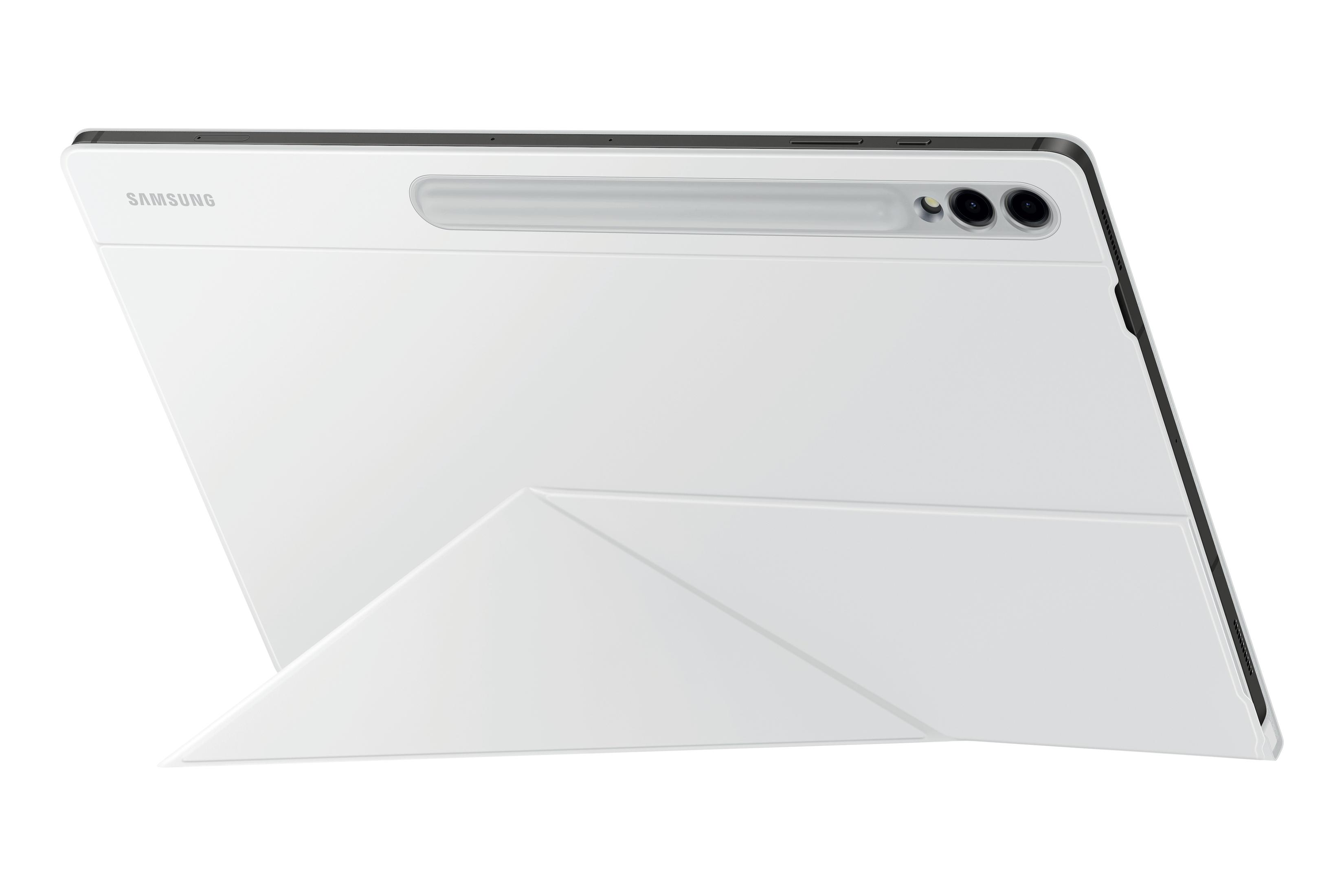 Biały tablet ze stojakiem. Tablet jest pod kątem, pokazując tył.