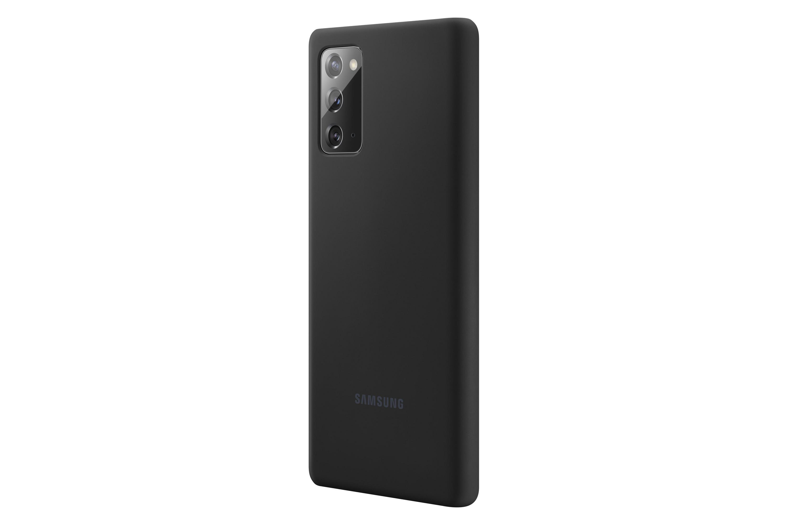 Funda negra para teléfono en un teléfono. Tiene una cámara y la palabra Samsung.