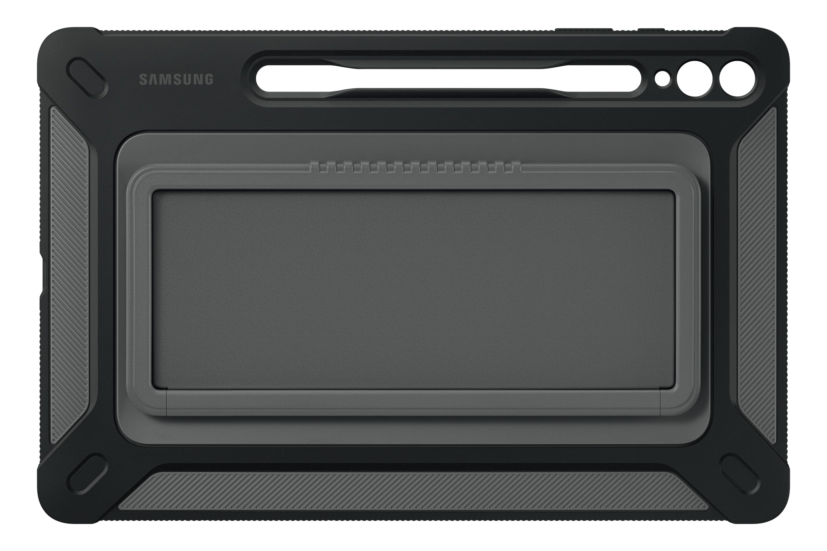 Ciemnoszare etui na tablet z wbudowaną podstawką. Etui na białym tle.