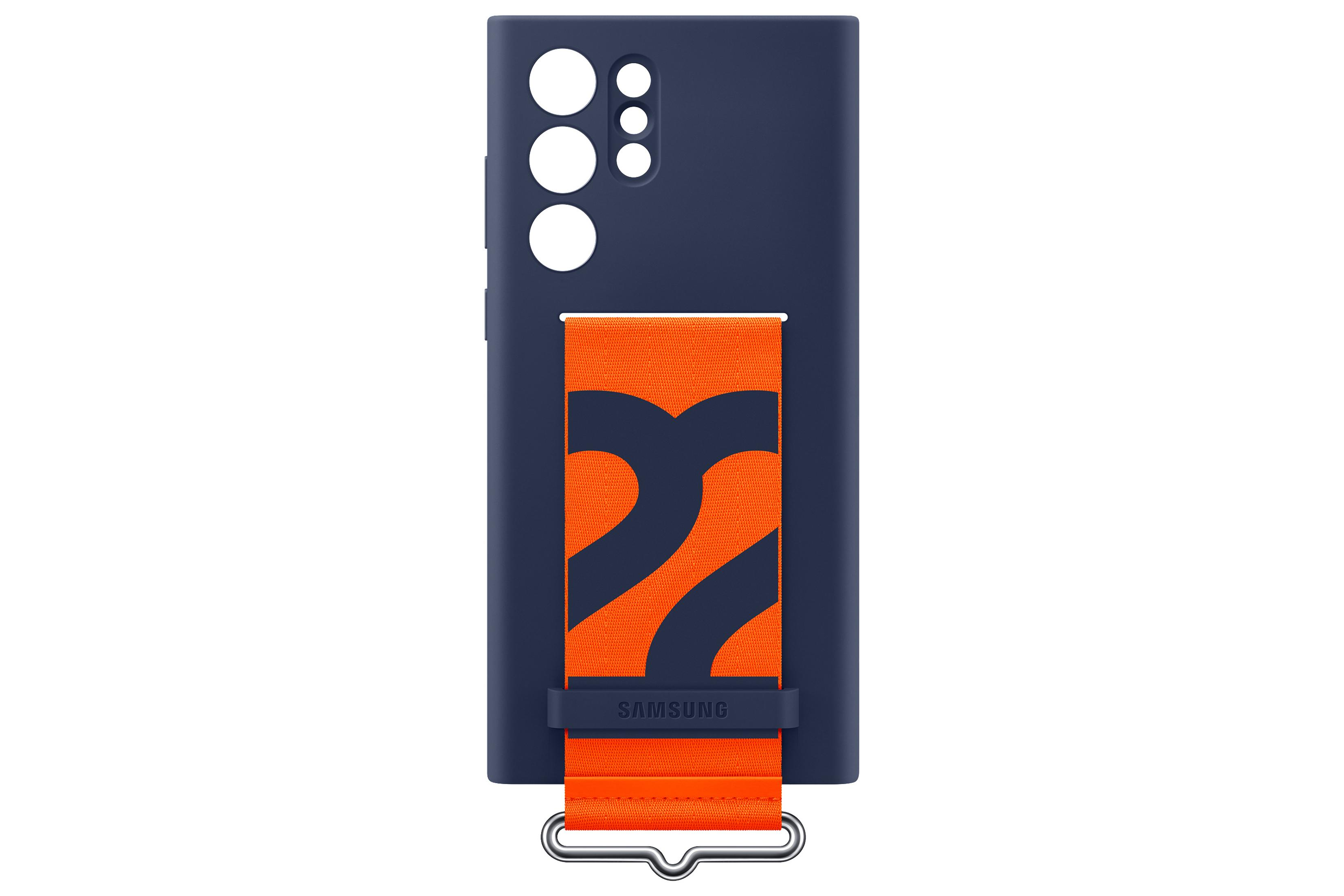 Funda azul para teléfono con diseño naranja y azul marino. Tiene una correa. Fondo blanco.