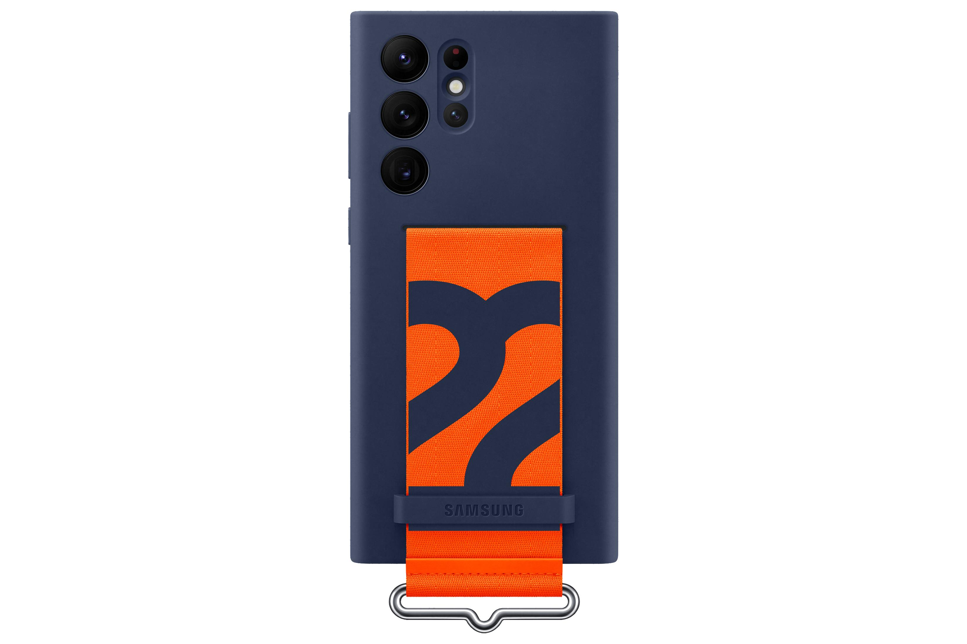 Una funda de teléfono azul oscuro con una correa naranja y el logotipo de Samsung.