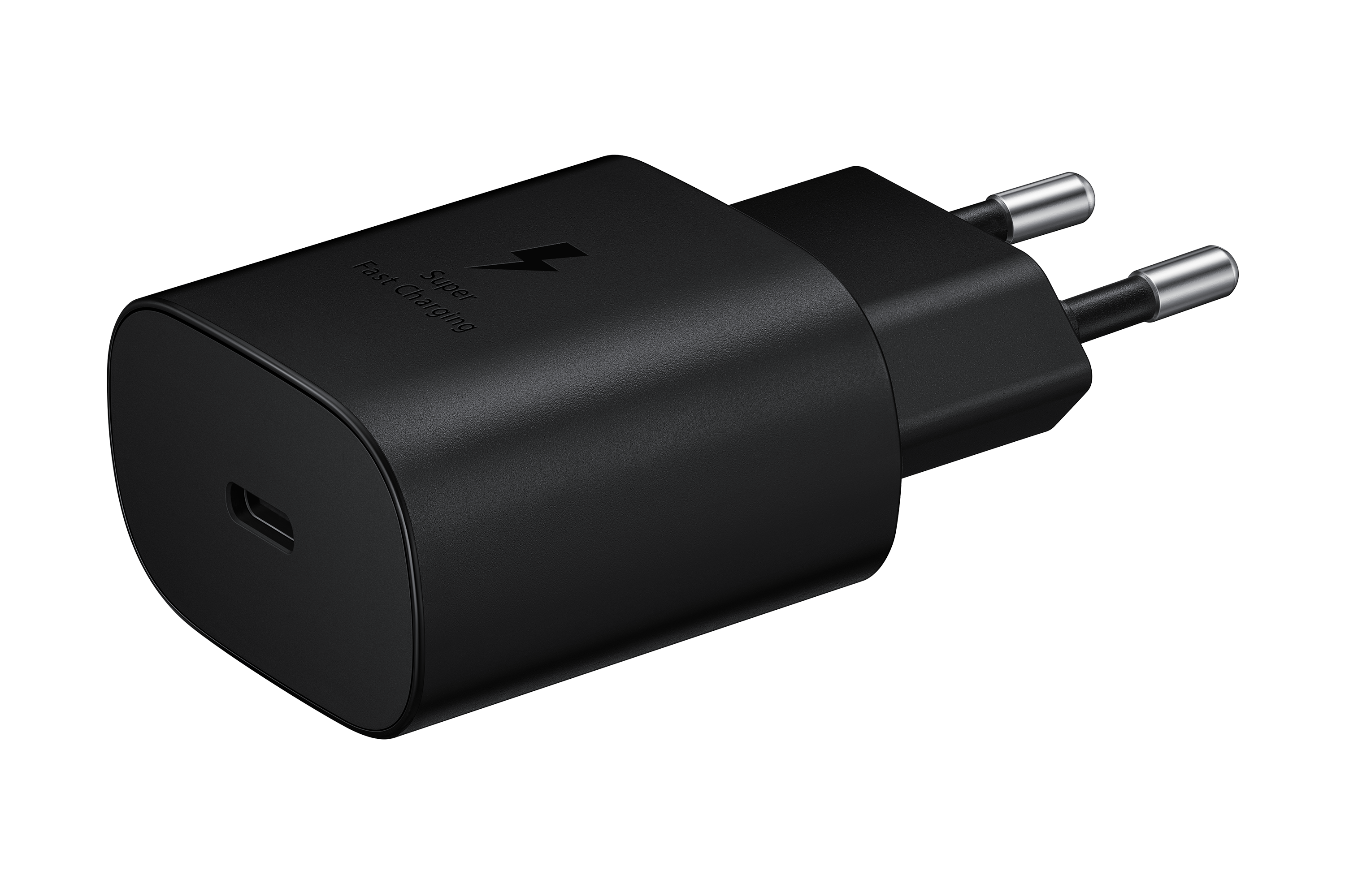 Czarna ładowarka do telefonu z portem USB-C i pinami zasilania.