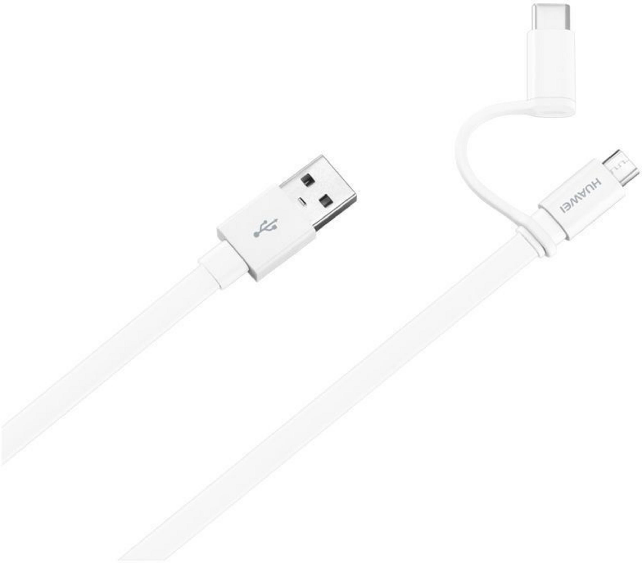 Witte USB-A naar USB-C oplaadkabel, met USB-C en Micro-USB connectoren.