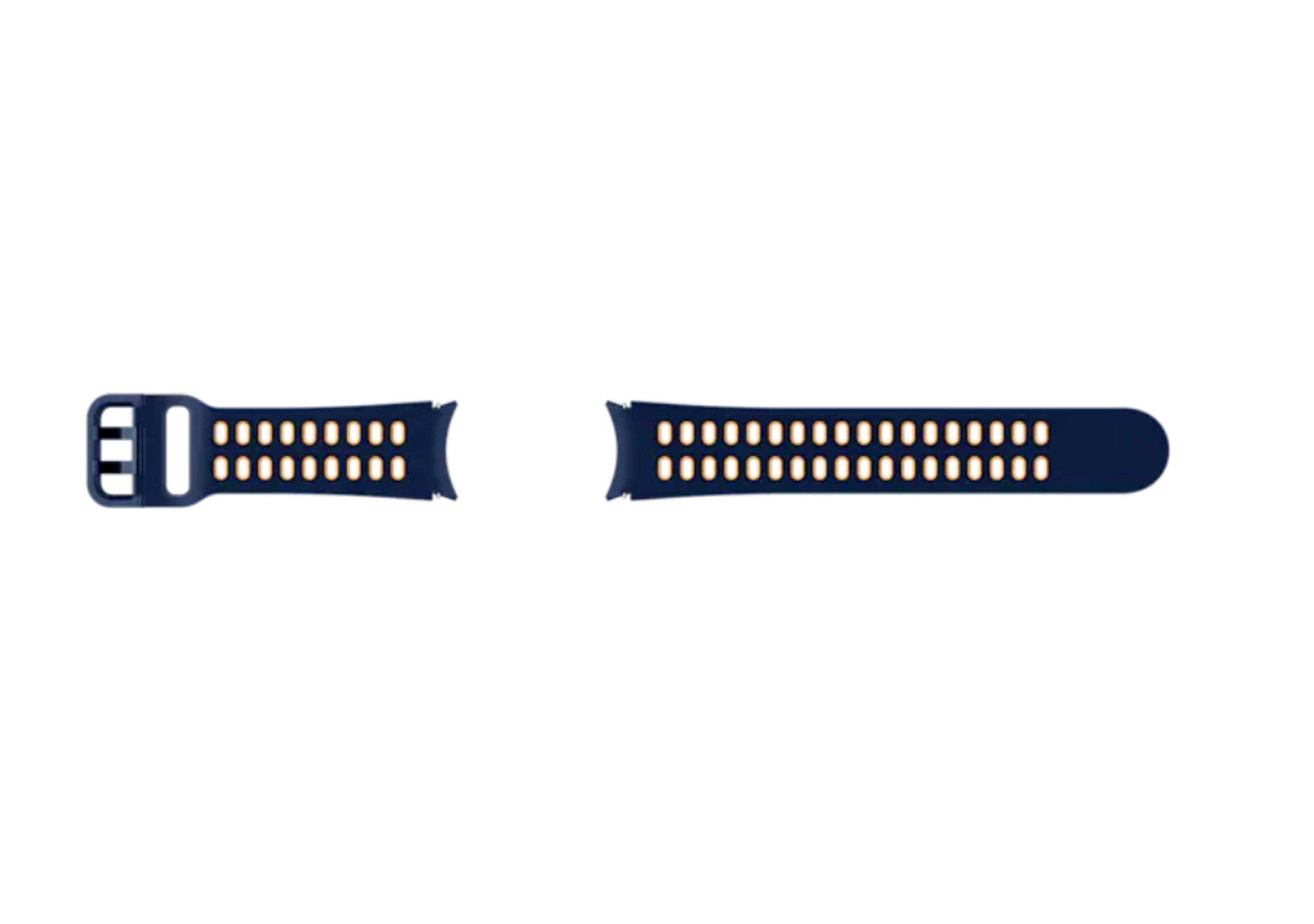 Un cinturino per smartwatch blu scuro con fibbia e parte di collegamento, su sfondo bianco.