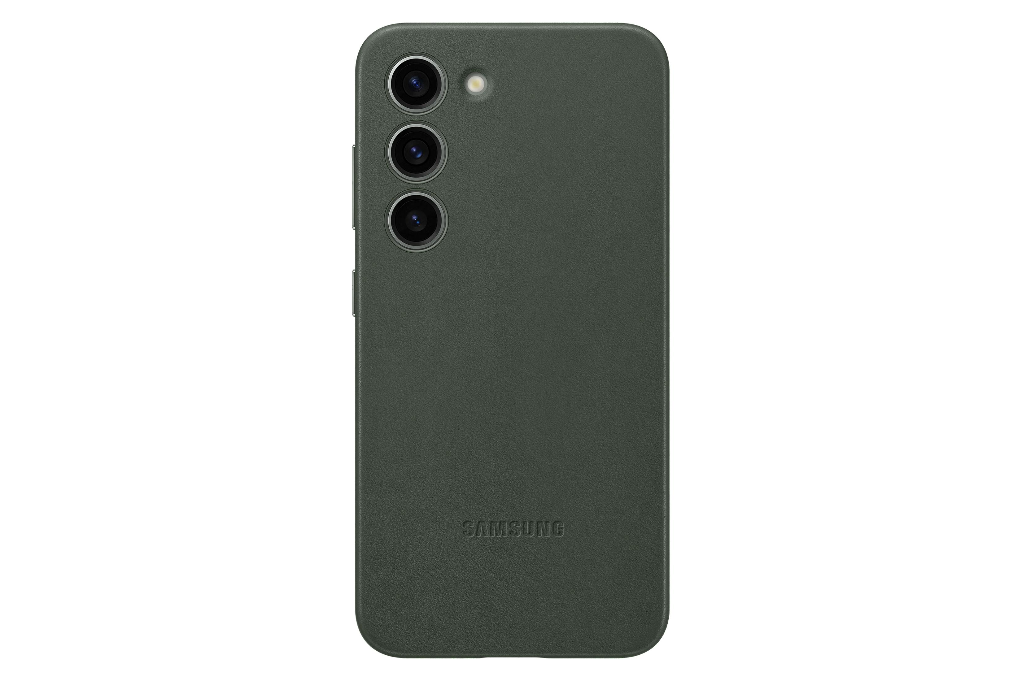 Una custodia per telefono verde scuro con tre lenti e il logo Samsung su sfondo bianco.