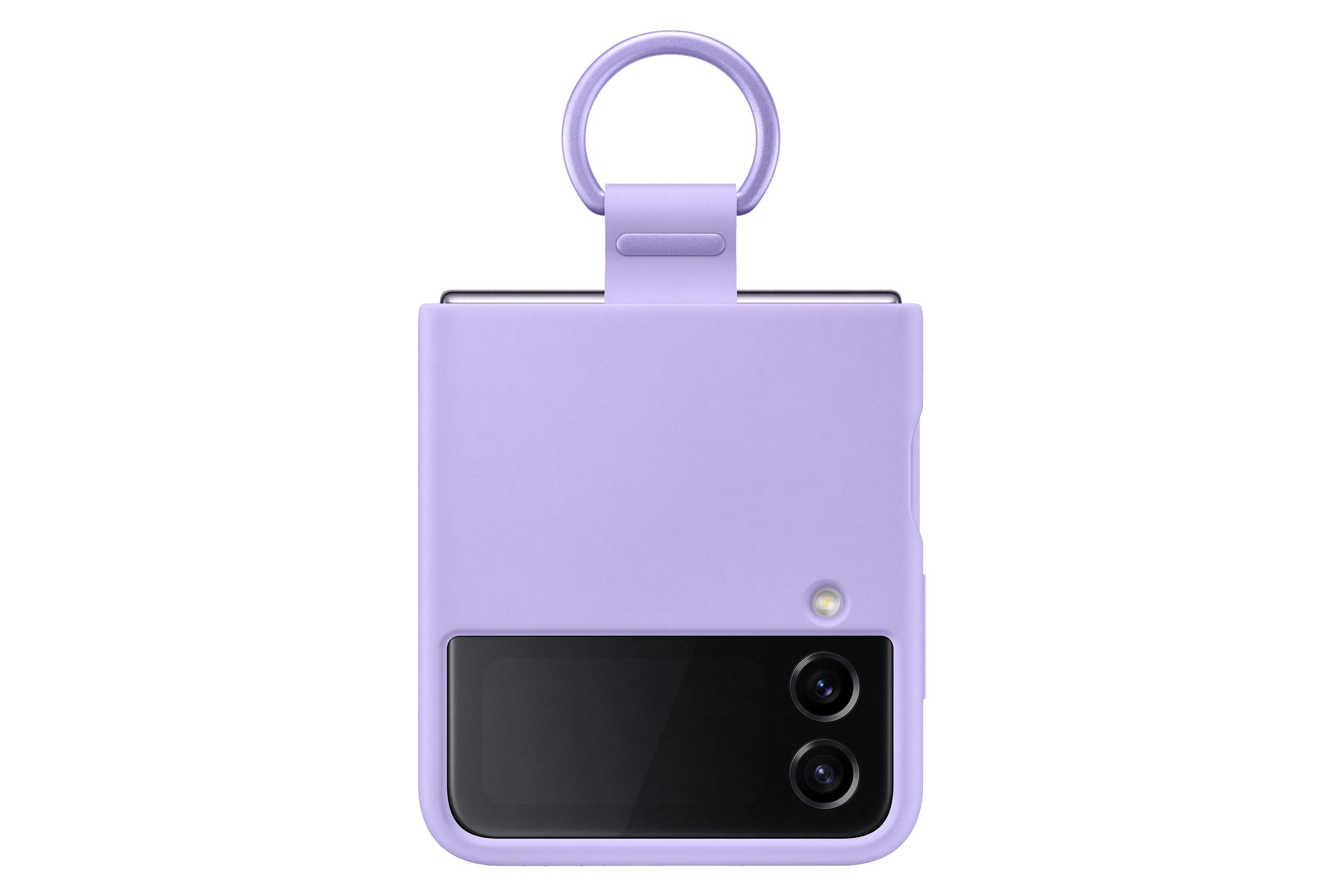 Custodia viola per telefono Samsung Galaxy Z Flip con anello e obiettivi della fotocamera su sfondo bianco.