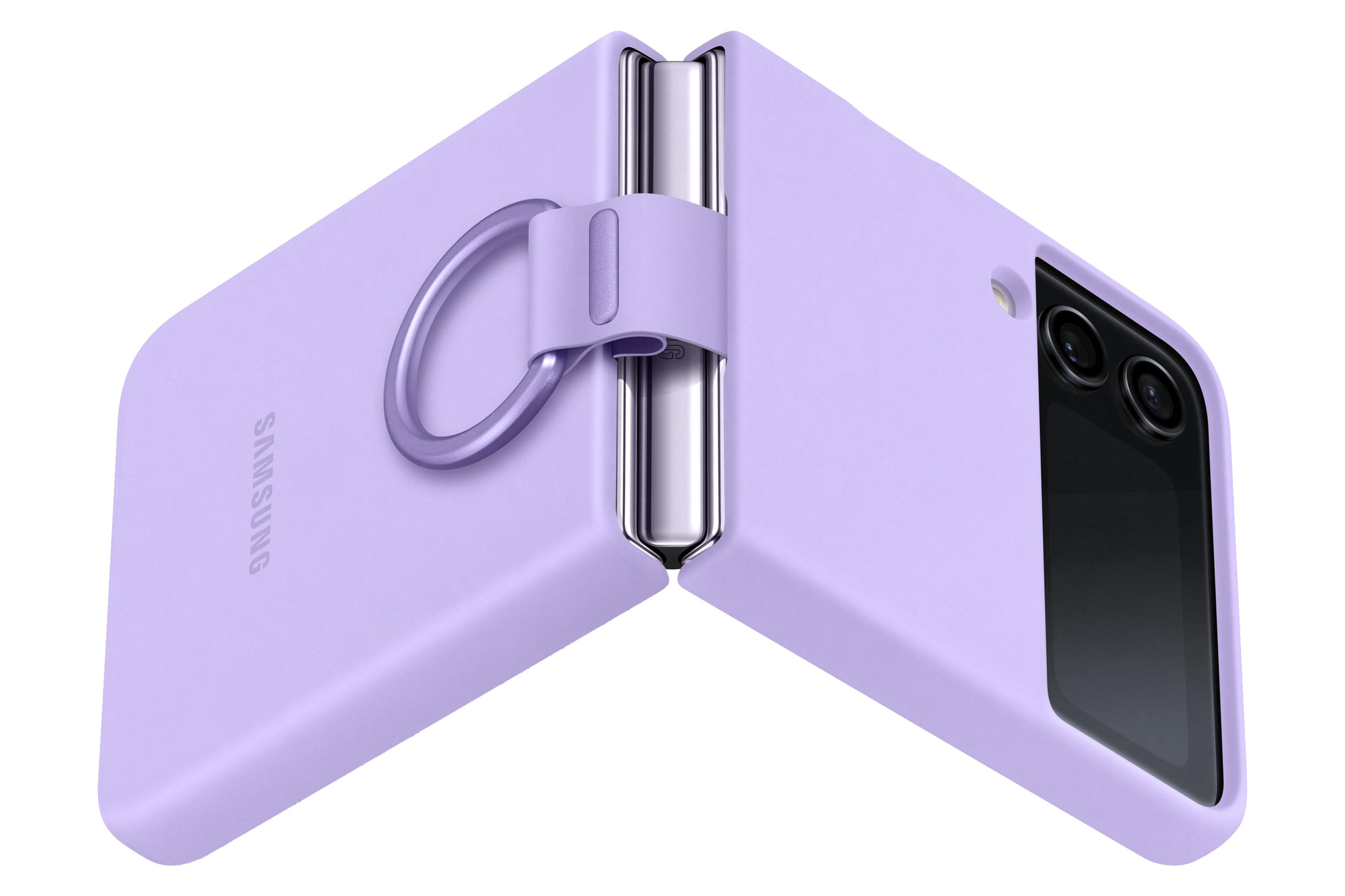 Una custodia per telefono Samsung viola, aperta e piegata. Ha un anello per l'impugnatura.
